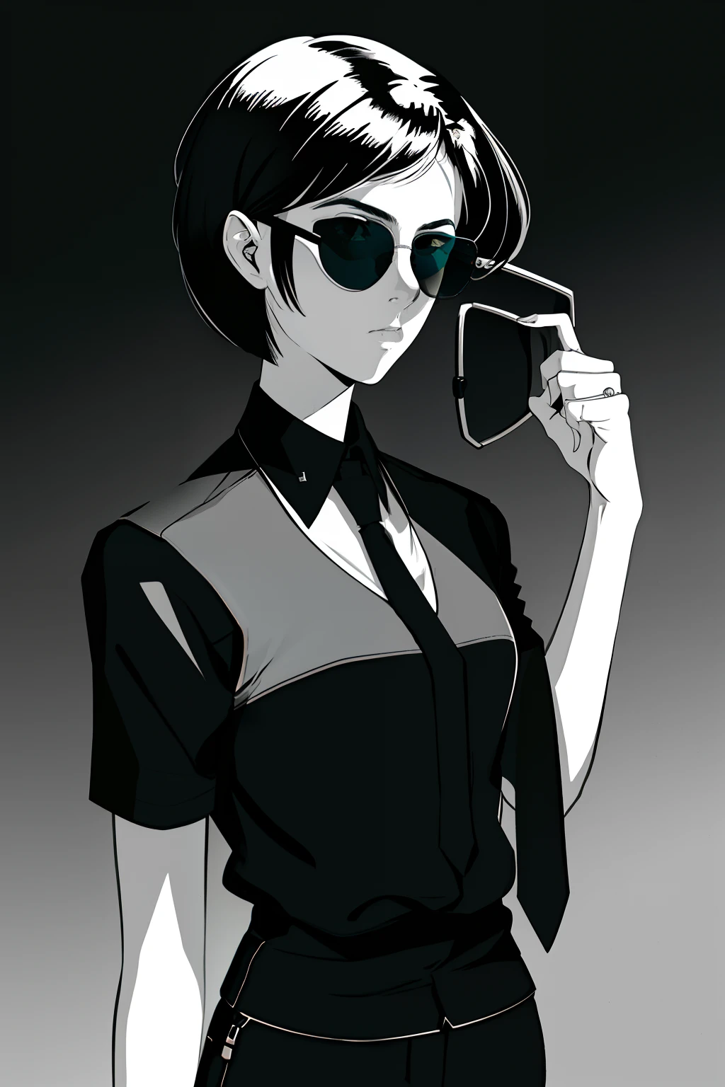 a 1girl, body complet, very detail, a lot of details, (ciberpunk), very extremely beautiful,  ((tmasterpiece, minimalism)), (Short Hair Hair, Sunglasses, Sunglasses with glasses, Sunglasses), tie, Shirt