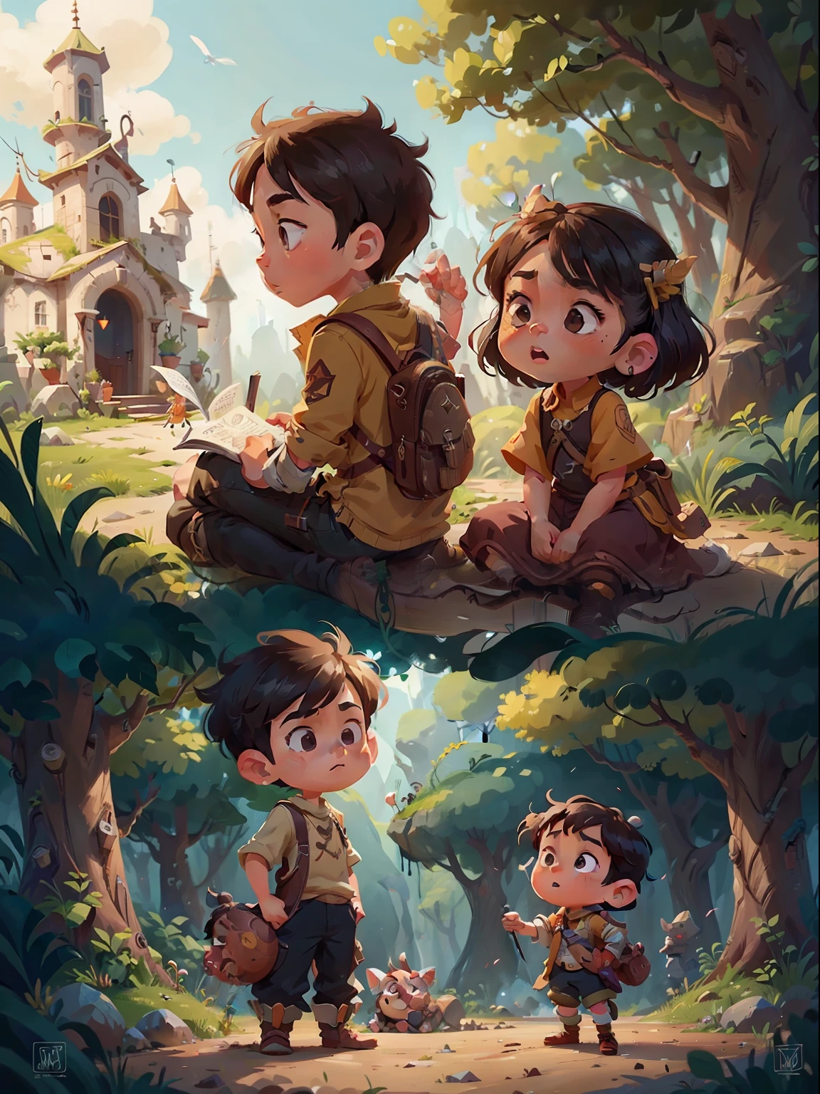 boy and a girl that is siblings, different poses and expressions, different angles, fantasy world, very stylized character design, stylized character design, game character concept art, high quality character design, full character concept art, full character design, detailed full body concept art, children's book, simpel, concept art style, 8k character concept art, 8 k character concept art