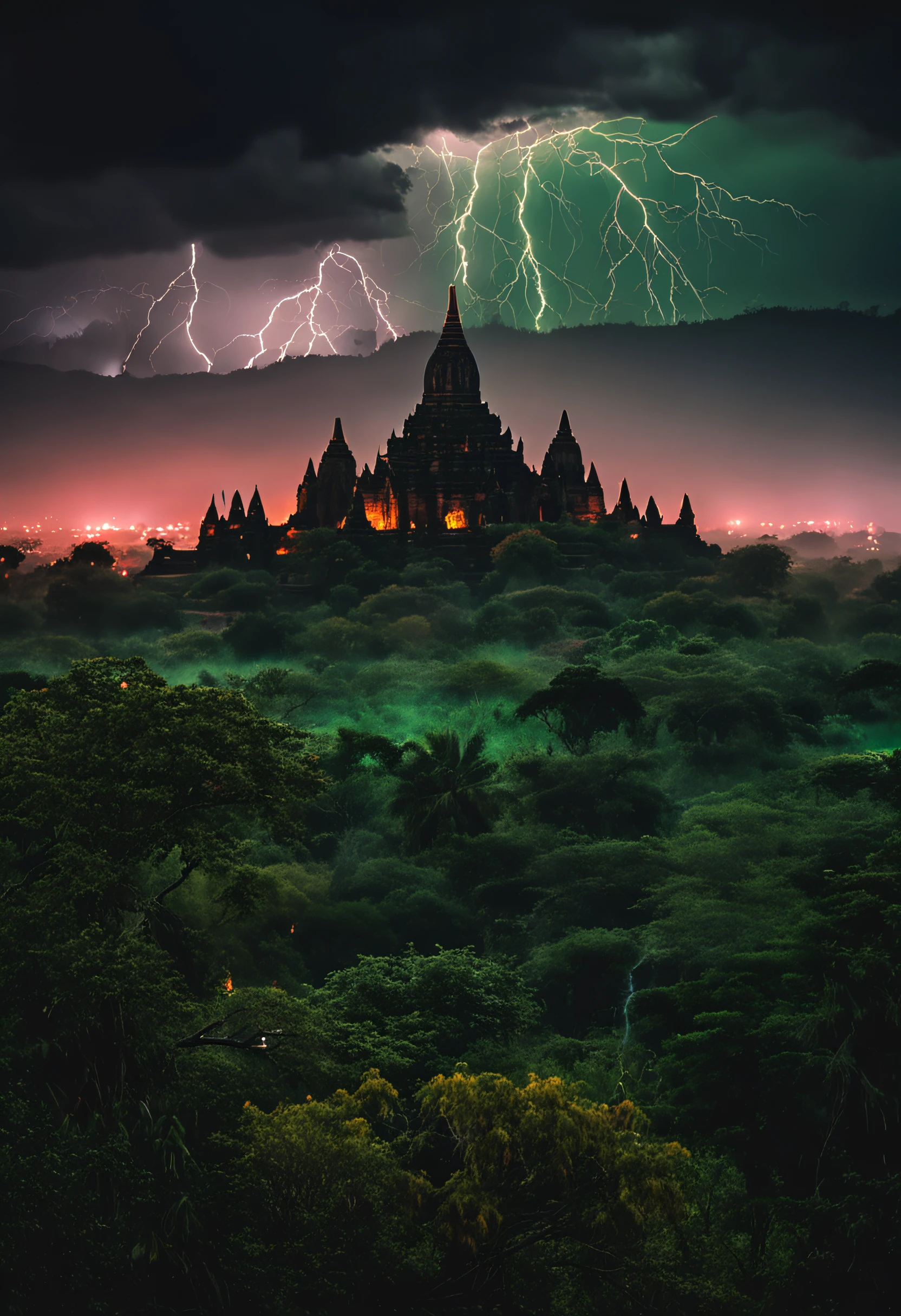 bagan night, rain, green thunder and lightning, dark, magical, cinematic