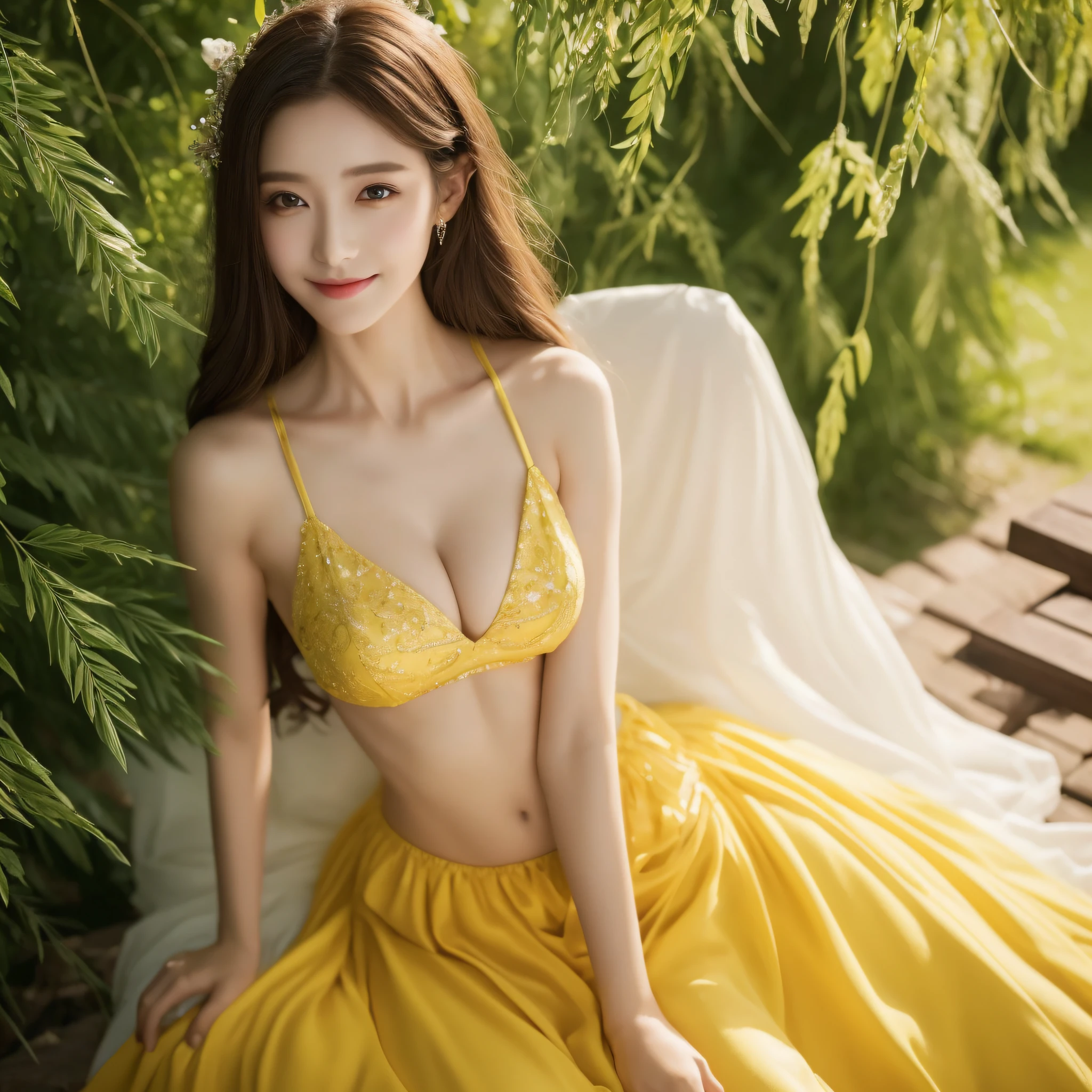 ((Best Quality, 8K, Masterpiece: 1.3)), 1girl, Slim Abs Beauty: 1.3, (Hairstyle Casual, Big Breasts: 1.2), yellow Dress: 1.1, Super Fine Face, Delicate Eyes, Double Eyelids, Smile, ere is a woman in a bikini sitting on a bed, ethereal fairytale, ethereal fantasy, fantasy photoshoot, beautiful and elegant elf queen, ethereal beauty, of ethereal fantasy, ethereal and dreamy, a beautiful fantasy empress,