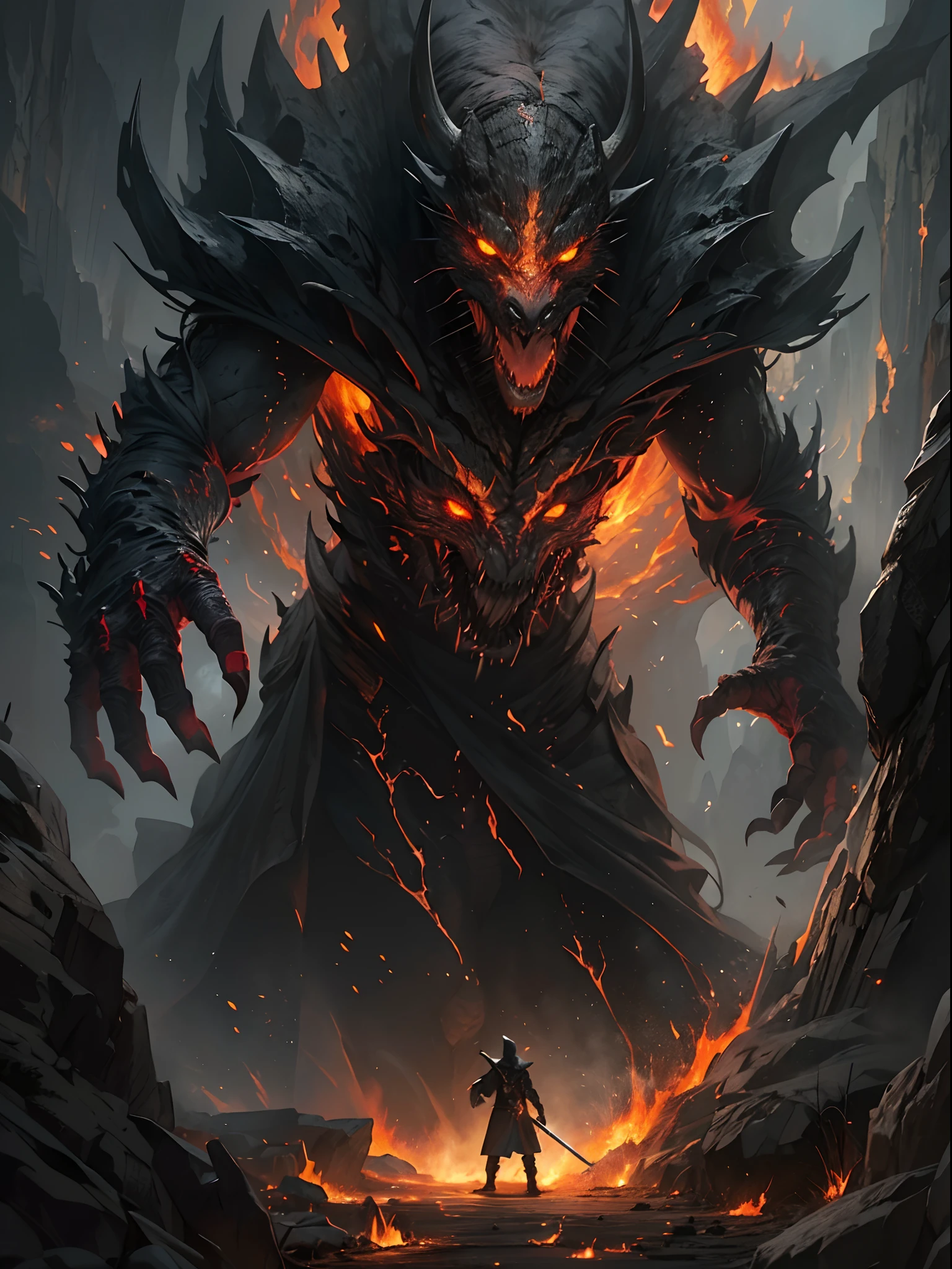 ultra detailed, beautiful and aesthetic, beautiful, masterpiece , mystery , atmospheric , fantastic , supernatural , best quality , cavern , 1 man , 1 demonic monster , very big monster , man killing monster , man has long black hooded robe , he can use magic , monster has very big horn , monster breathe make fire , man has big shining sword , fantasy sword , 4 little monster around the big monster , magma around battlefield , battlefield is in cavern , whole cavern on fire , man's sword is glowing , may cliff and rock in cavern , cavern on fire , (ultra detailed cavern) , (ultra detailed magma) , (ultra detailed man's face) , (ultra detailed sword) , (ultra detailed monster)