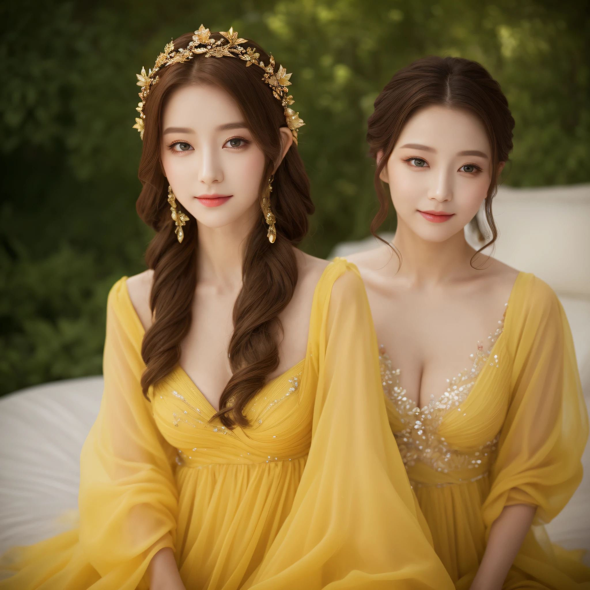 ((Best Quality, 8K, Masterpiece: 1.3)), 1girl, Slim Abs Beauty: 1.3, (Hairstyle Casual, Big Breasts: 1.2), yellow Dress: 1.1, Super Fine Face, Delicate Eyes, Double Eyelids, Smile, ere is a woman in a bikini sitting on a bed, ethereal fairytale, ethereal fantasy, fantasy photoshoot, beautiful and elegant elf queen, ethereal beauty, of ethereal fantasy, ethereal and dreamy, a beautiful fantasy empress,