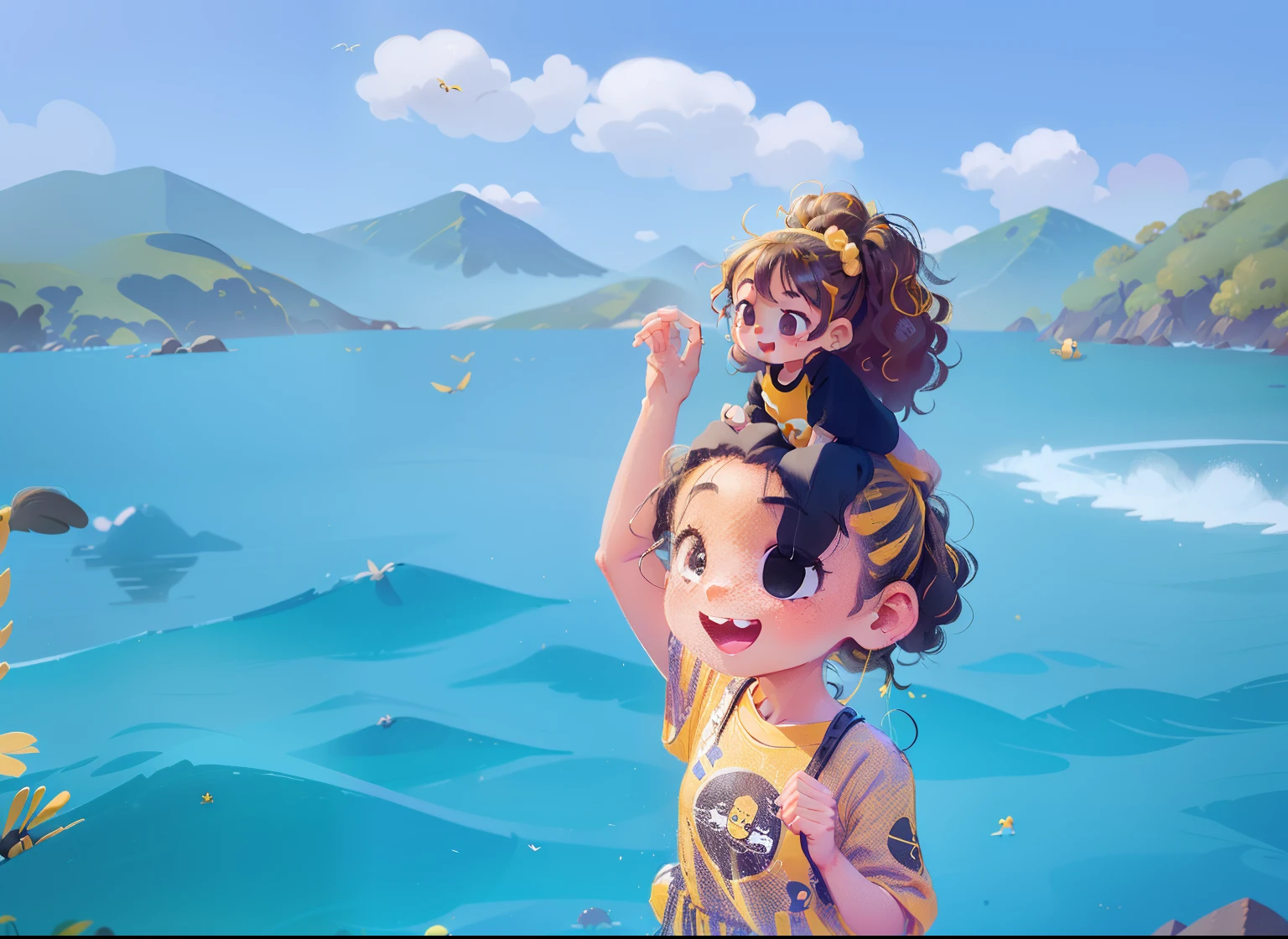 (Cheerful, smart 7-year-old girl with curly hair in a ponytail, vibrant and curious eyes, dressed in a black jumpsuit, yellow t-shirt, and yellow sneakers, interacting closely with birds)