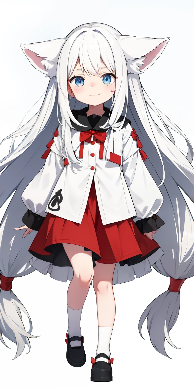 Long white hair dragged on the ground，The face is cute and red, and the cute loli with a little baby fat smile has two small dimples，The ears were hidden by long hair，blue color eyes，It's a bit cute