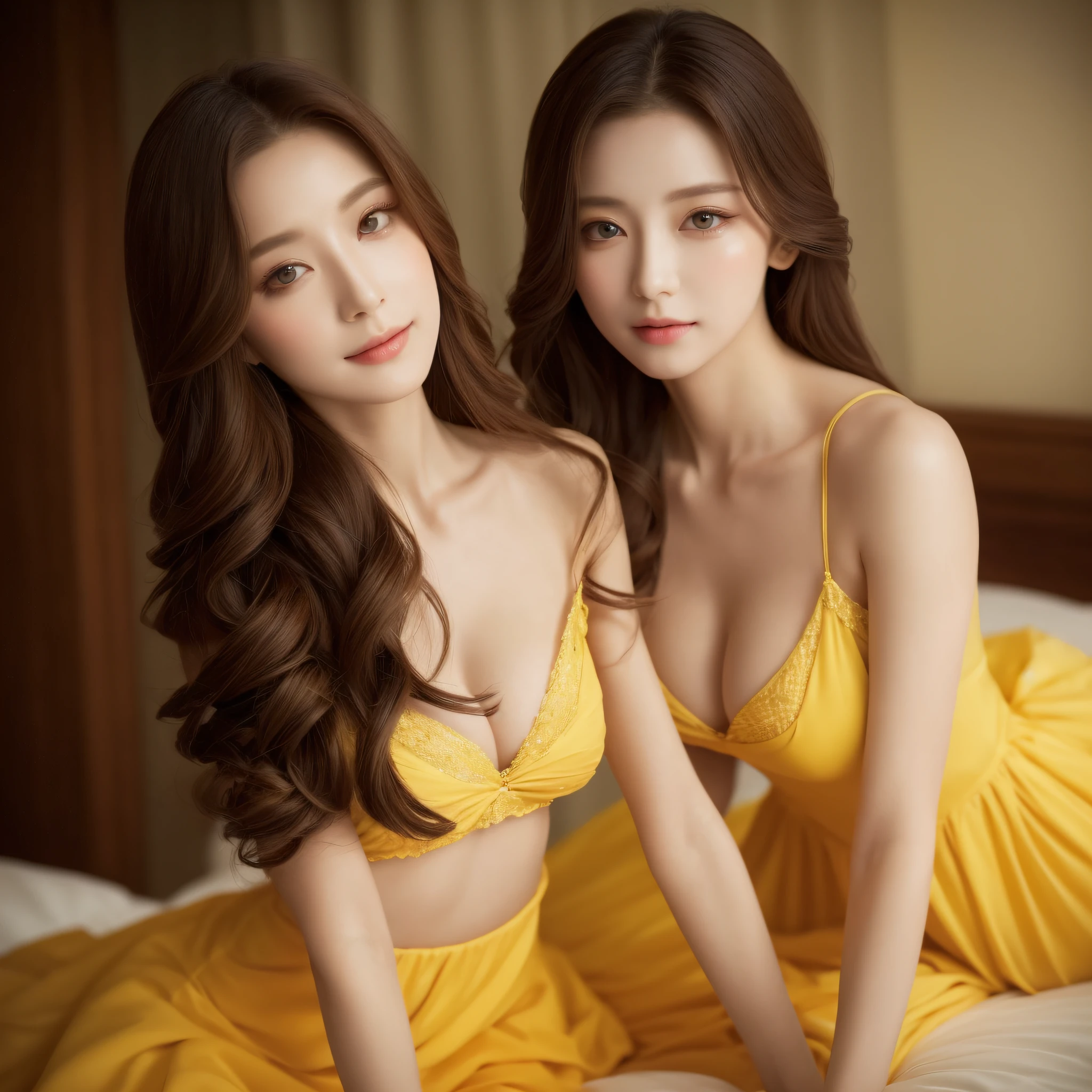 ((Best Quality, 8K, Masterpiece: 1.3)), 1girl, Slim Abs Beauty: 1.3, (Hairstyle Casual, Big Breasts: 1.2), yellow Dress: 1.1, Super Fine Face, Delicate Eyes, Double Eyelids, Smile, ere is a woman in a bikini sitting on a bed, ethereal fairytale, ethereal fantasy, fantasy photoshoot, beautiful and elegant elf queen, ethereal beauty, of ethereal fantasy, ethereal and dreamy, a beautiful fantasy empress, Get close to the viewer, camera angle, dynamic angle