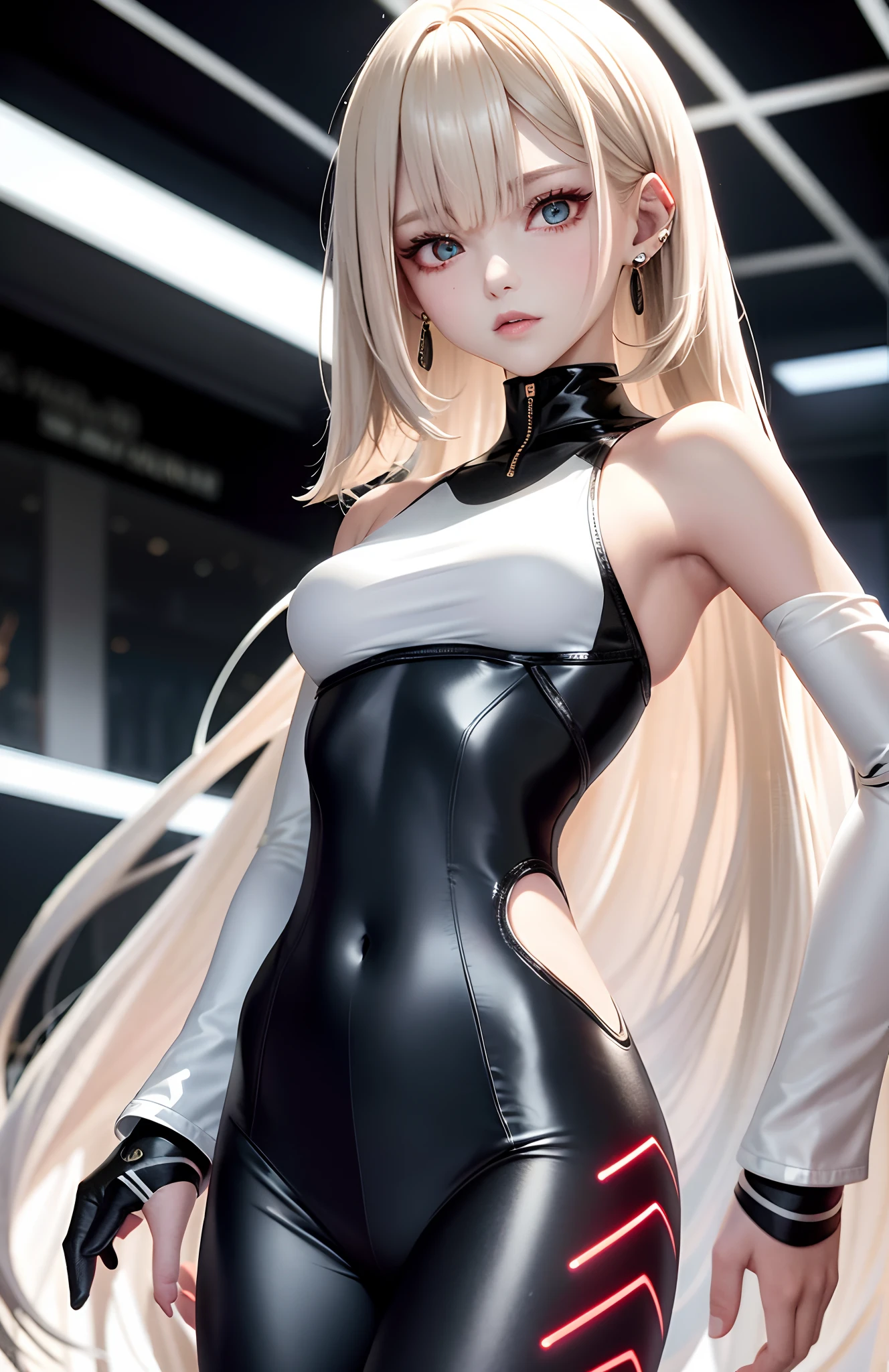 optimum，tmasterpiece，A high resolution，best qualtiy，hyper HD，super detailing，Award-Awarded，16k，独奏，（The upper part of the body），anatomy correct，Beautiful cyberpunk girl，cute  face，，Gradient Beige Hair，Hairline，（（Scarlet eyes）），long eyelasher，Hanging eye corners，White skin of the，（small boobs），（Slim body），（（Women's extra short shawl leather jacket）），（（racing_suit）），（（High-Low_long  skirt）），ear studs，（Neck strap），（Laser material clothing：1.2）