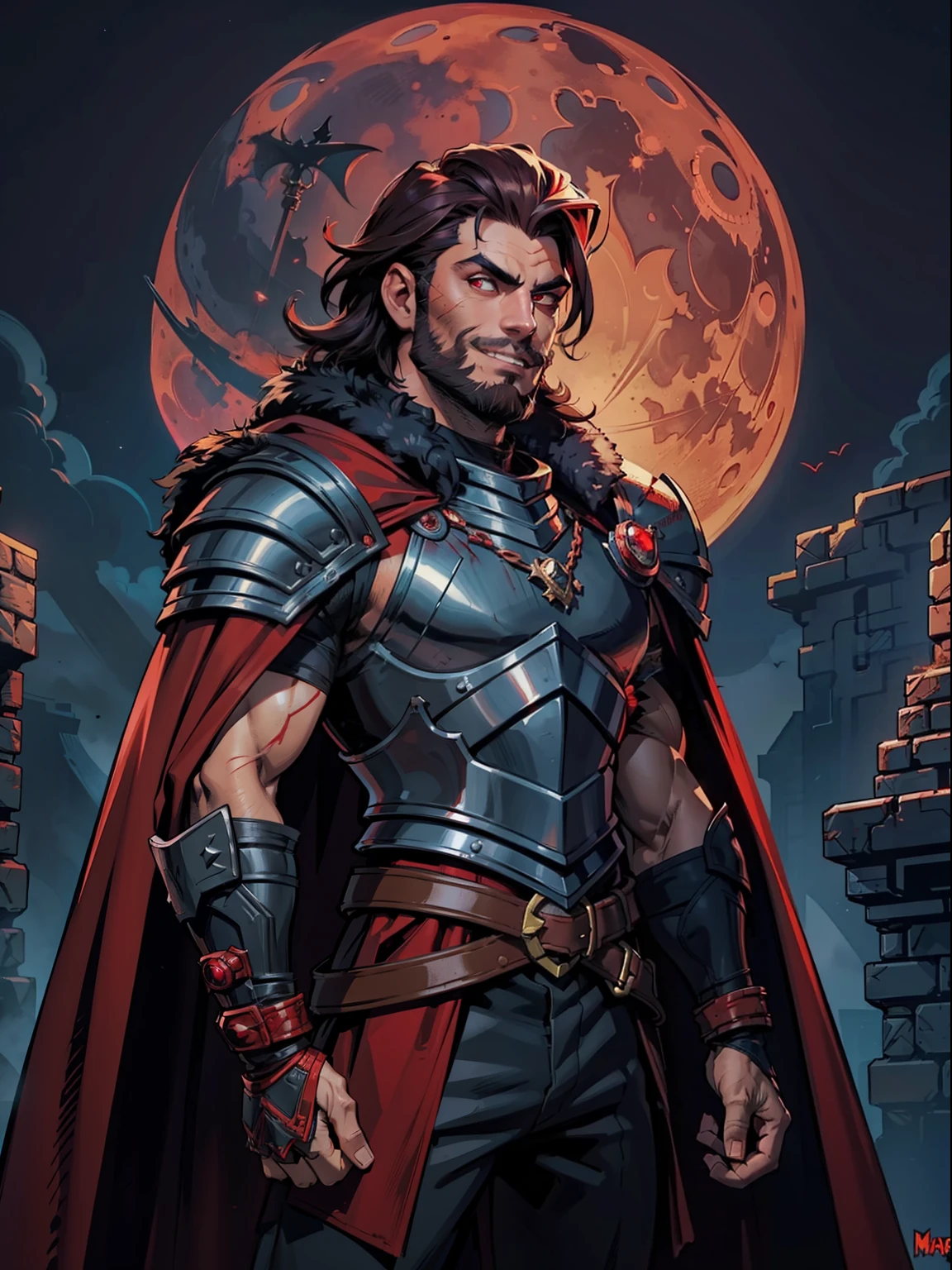 Dark night blood moon background, Darkest dungeon style, looking at the moon, game portrait, Sadurang from Marvel, hunk, short mane hair, mullet, defined face, detailed eyes, short beard, glowing red eyes, dark hair, wily smile, badass, dangerous, wearing armor set of red dragon scales, cape of furs