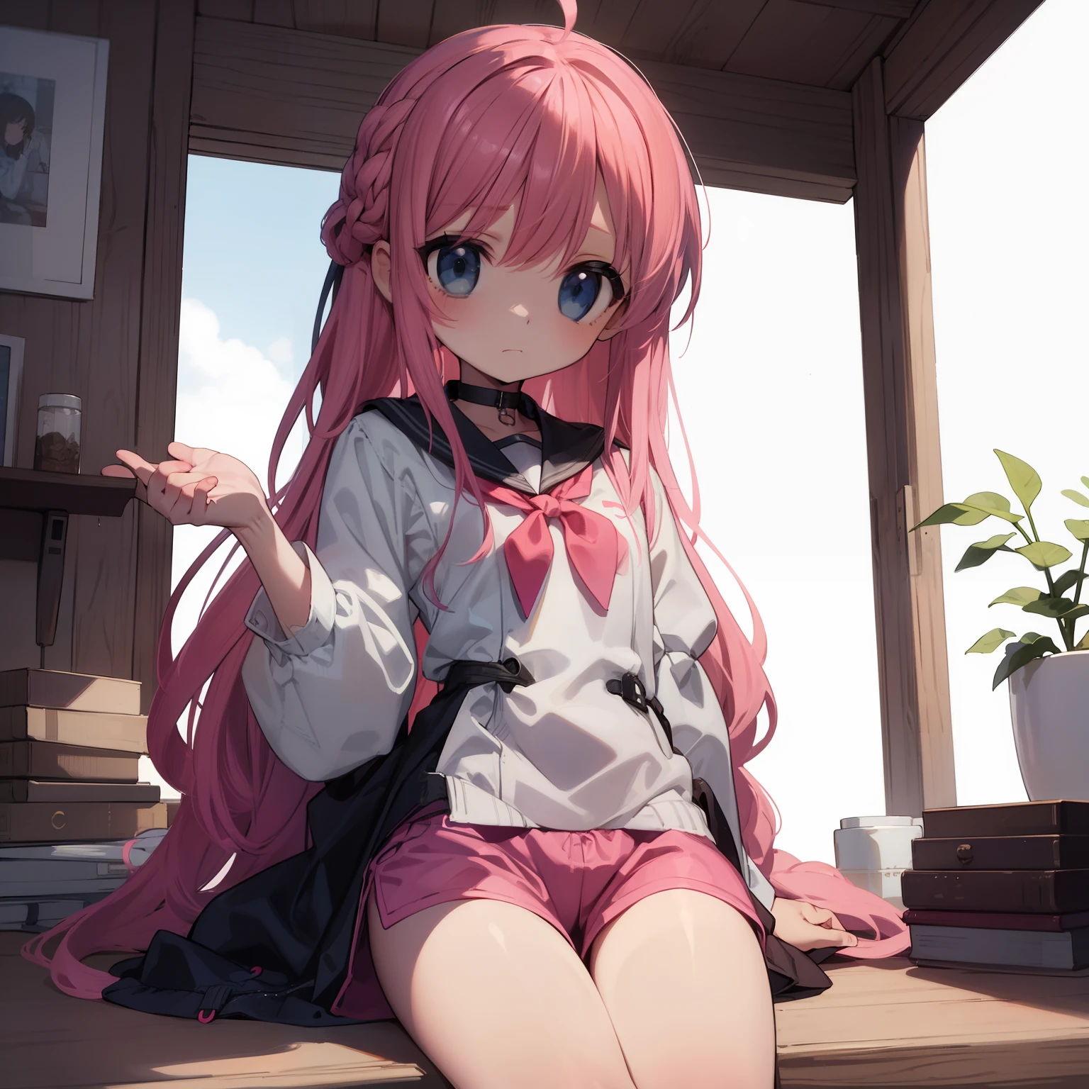 Anime Kawaii sexy Perfect Slim sensual body large breast and huge thighs, An intricate and highly detailed illustration of anime ( girl) 一个女人sitting on a stool露出她臭脚的low angle，sitting on a stool，low angle，正面，bare feet，focus on feet，Pink off-shoulder t-shirt，There are bangs between the eyes，long hair，chestnut hair，shorts jeans，anatomically correcte, There is a huge yellow five-pointed star clip in her hair，pink eyes，eyes for details，pretentious smile，look at the audience，point-blank，wide angle lens，perspective drawing, two feet，simetria bilateral