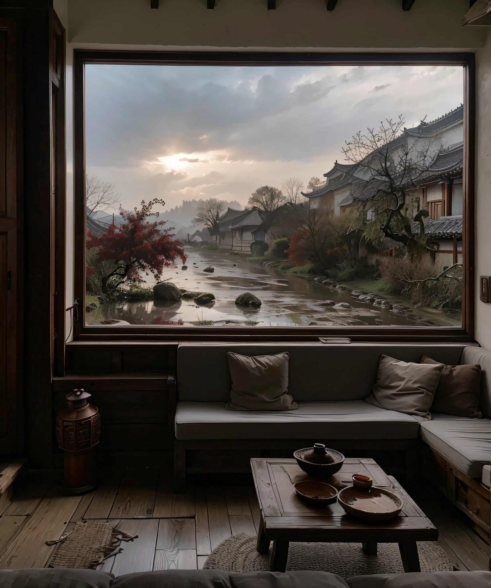 high-definition photograph,Window of quaint room,Looking out the window, rain, Ancient town, traditional architecture, rivers, Rustic, Wooden beams, Antique furniture, windowpane, Soft light, Cobblestone streets, intricate carvings, Red lanterns, Pondering, misterious ambience, soothing, history, Tranquility, Cultural heritage, Natural beauty, Then and present,Section view, ancient Chinese town, Rainy landscape, Mist, Window sill decoration, Classical style, Literati aesthetics, Simple, Fluttering curtains, rain drops, tranquil, Refreshing, Window frame silhouette, Town silhouette, Rain, Picturesque scenery.