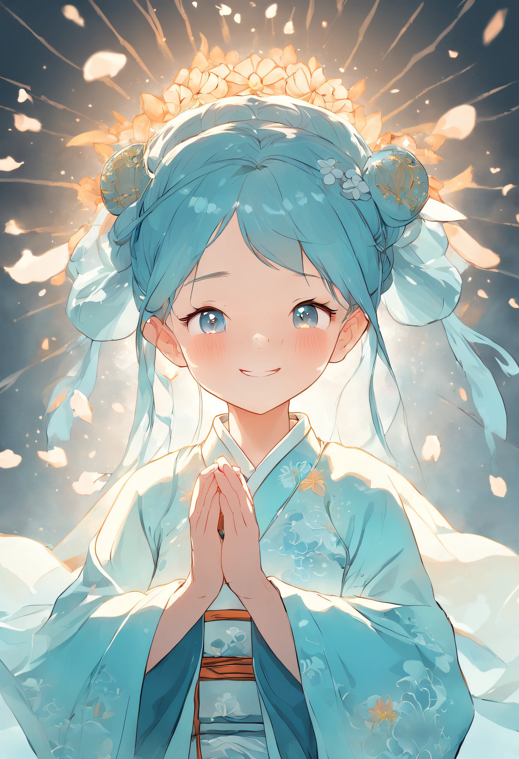 Ancient Chinese girl in light blue Hanfu smiling,Prayers are surrounded. Huge lotus flower, ,The median is transparent/Translucent pink lotus, soft, Glow,author:Yumei, Light, light blue and white, Simple white background, surrealist, , Super detail, Textured skin, 8K ,cheerfulness,Bright, Sunny, Warm and sunny,Veiled face,Many petals are falling, North and South Dynasties,Hanfu, Very simple wind, Line,Chibi anime style,Hand detail