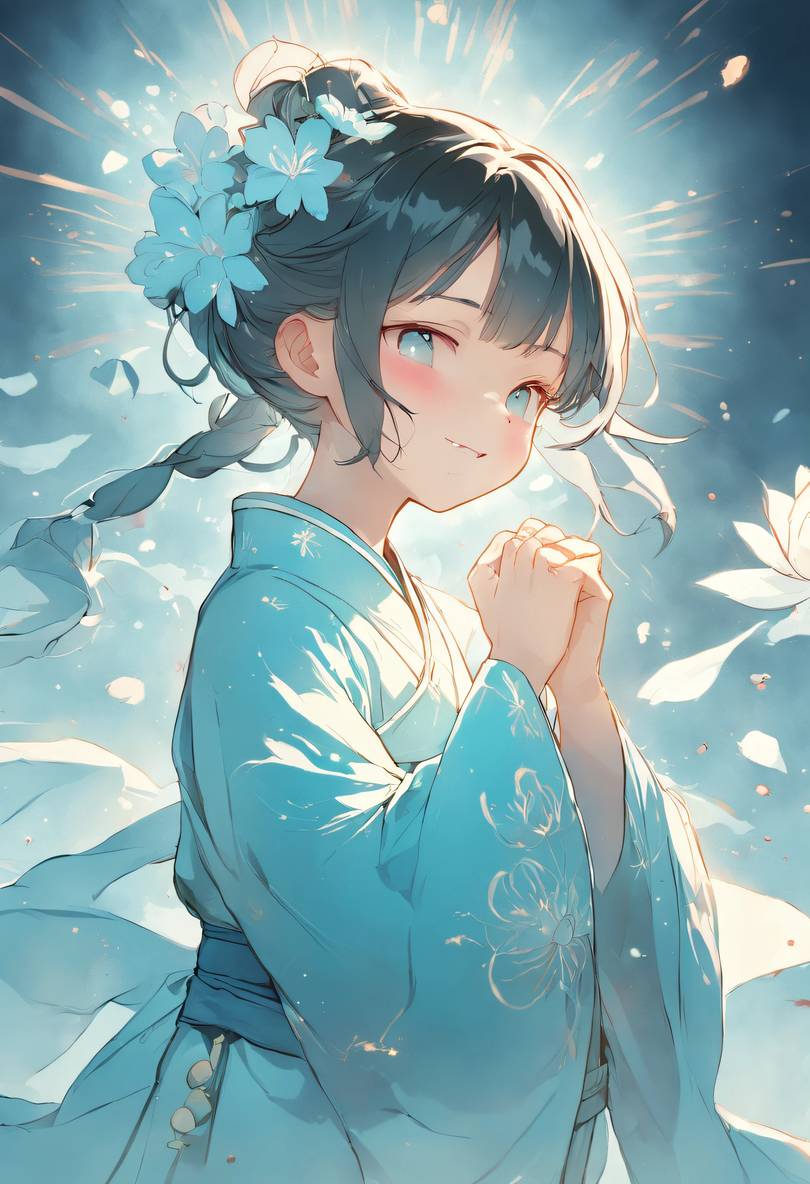 Ancient Chinese girl in light blue Hanfu smiling,Prayers are surrounded. Huge lotus flower, ,The median is transparent/Translucent pink lotus, soft, Glow,author：Yumei, Light, light blue and white, Simple white background, surrealist, , Super detail, Textured skin, 8K ,cheerfulness,Bright, Sunny, Warm and sunny，Veiled face,Many petals are falling, North and South Dynasties,Hanfu, Very simple wind, Line,Chibi anime style，Hand detail