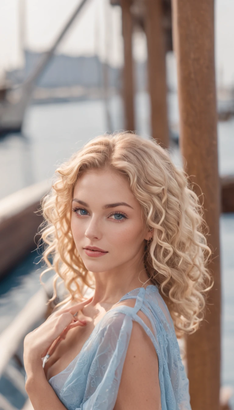 a beautiful blonde woman with curly hair, blue eyes, tanned skin, in summer clothes, on a ship, full body，Pudendal vision