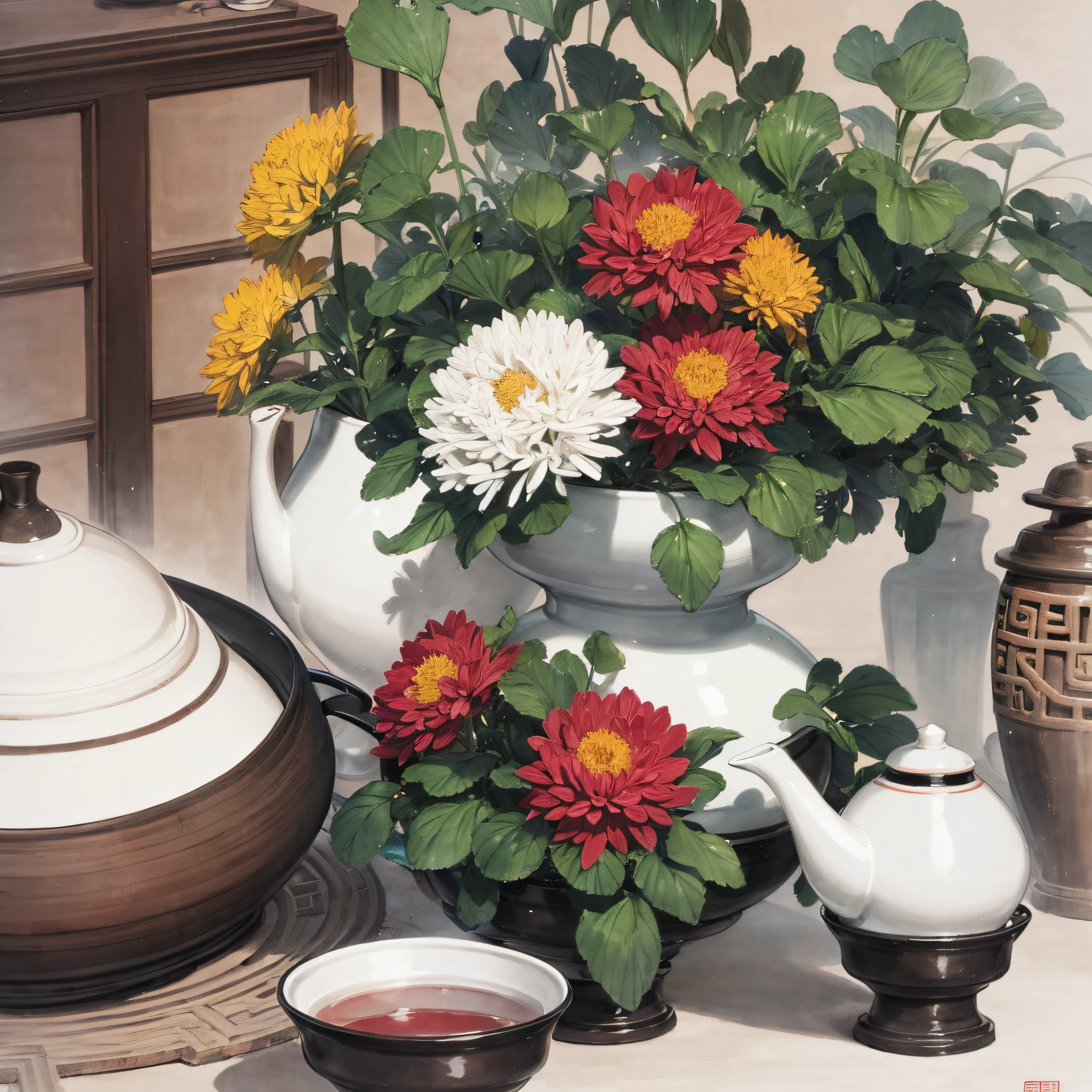 colored watercolor painting, ancient chinese painting, tea, teapot, chrysanthemum, ginko leaves, small cup of wine