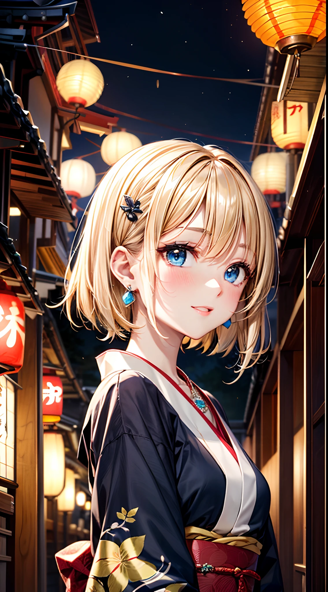 absurderes, (独奏:1.5,)ultra-detailliert,bright colour, extremely beautiful detailed anime face and eyes, view straight on, ;D, shiny_skin,25 years old, Shy face、Short hair, , asymmetrical bangs, Blonde hair with short twin tails, Shiny hair, Delicate beautiful face, red blush、(Blue eyes), White skin, hair clips, earrings, a necklace, 、Black and yellow kimono、(Kyoto at night)、(Lots of lanterns)