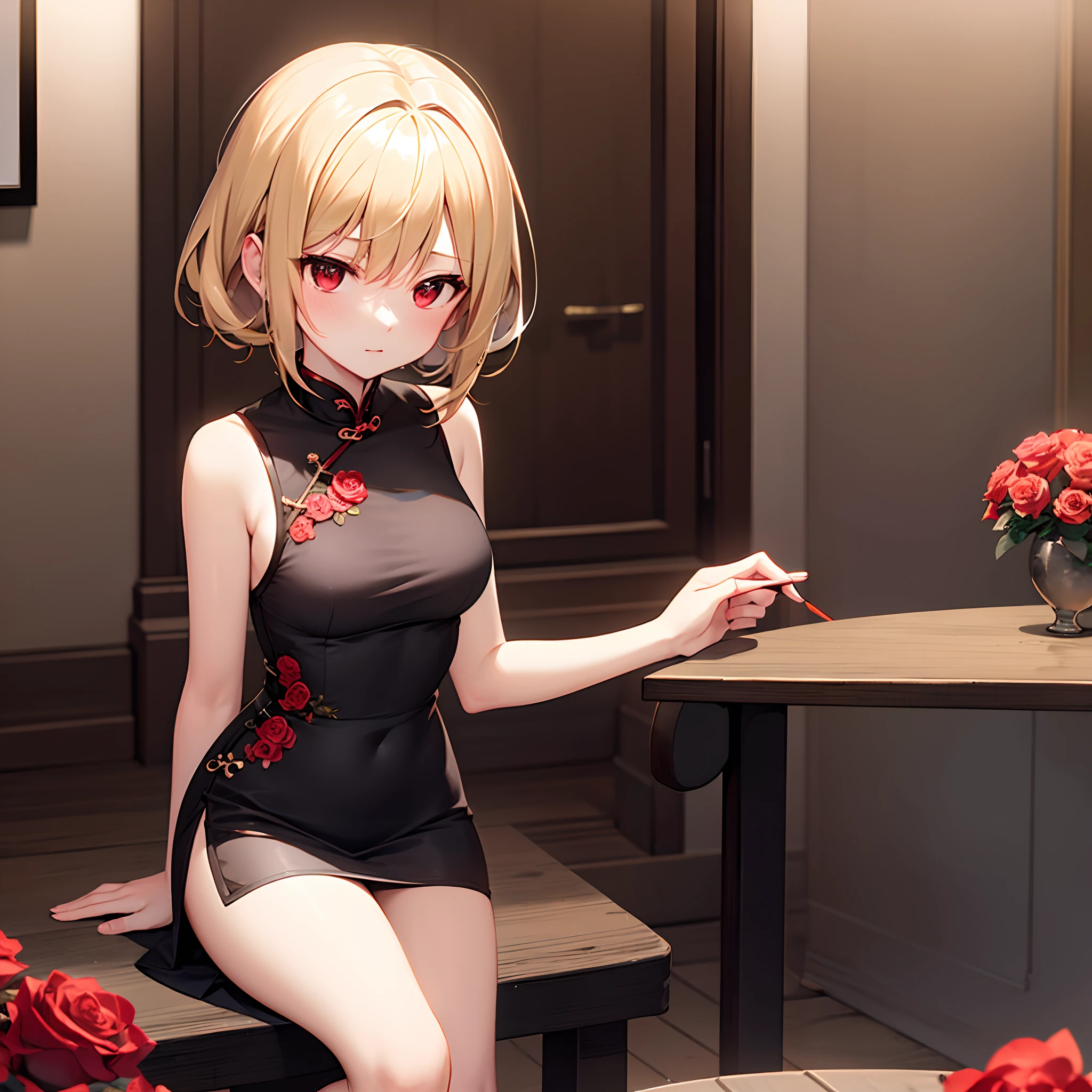 One beautiful blonde girl、red eyes、qipao dress、a miniskirt、Surrounded by roses、sitting on