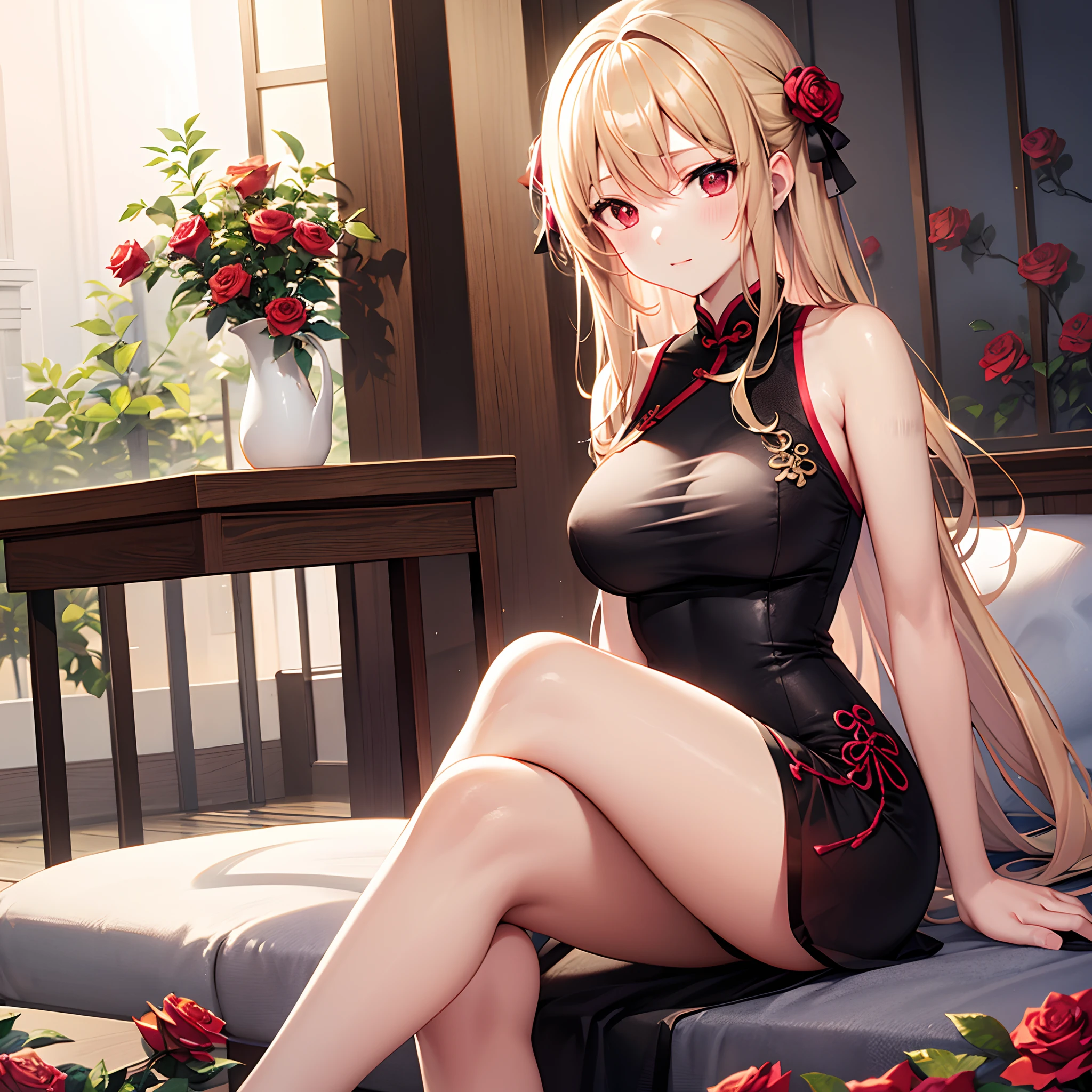 One beautiful blonde girl、red eyes、qipao dress、a urrounded by roses、sitting on