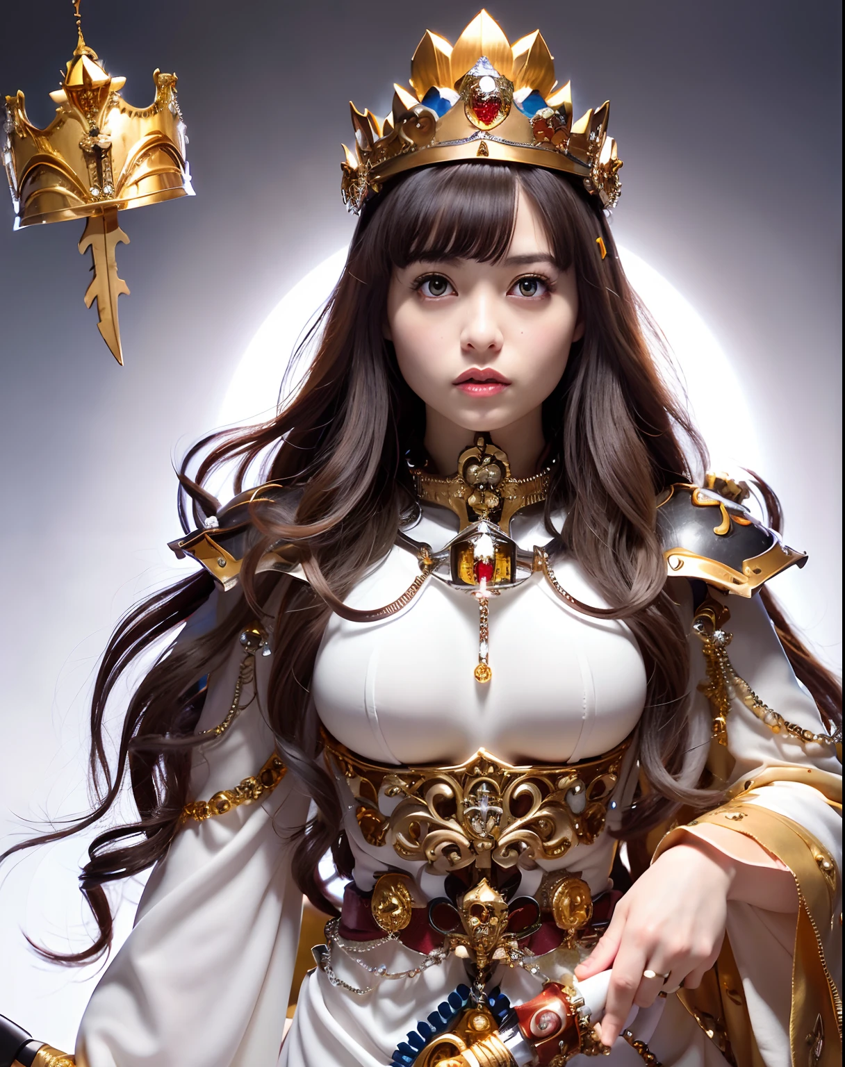 (masutepiece), Professional , masterpiece、top-quality、photos realistic , depth of fields ,(Wind element),close-up,dream magical,tornado,Lightning,(Gemstone Silver Jewel Body:1.9),(Matte White、Jewel Gold Weapon_(Metal:1.4),Gorgeous Jewel Metal Weapons , Detailed Sword of the Brave , Beautiful knife ,warhammer 40k , adepta sororitas,Detail and ornate jewel crown、Brown hair、Gangle's forest background、Beautiful Caucasian beauty、1a person、dynamic ungle,(((Detailed and ornate diamond crown)))、Particles of light、cleavage of the breast、magic circles、