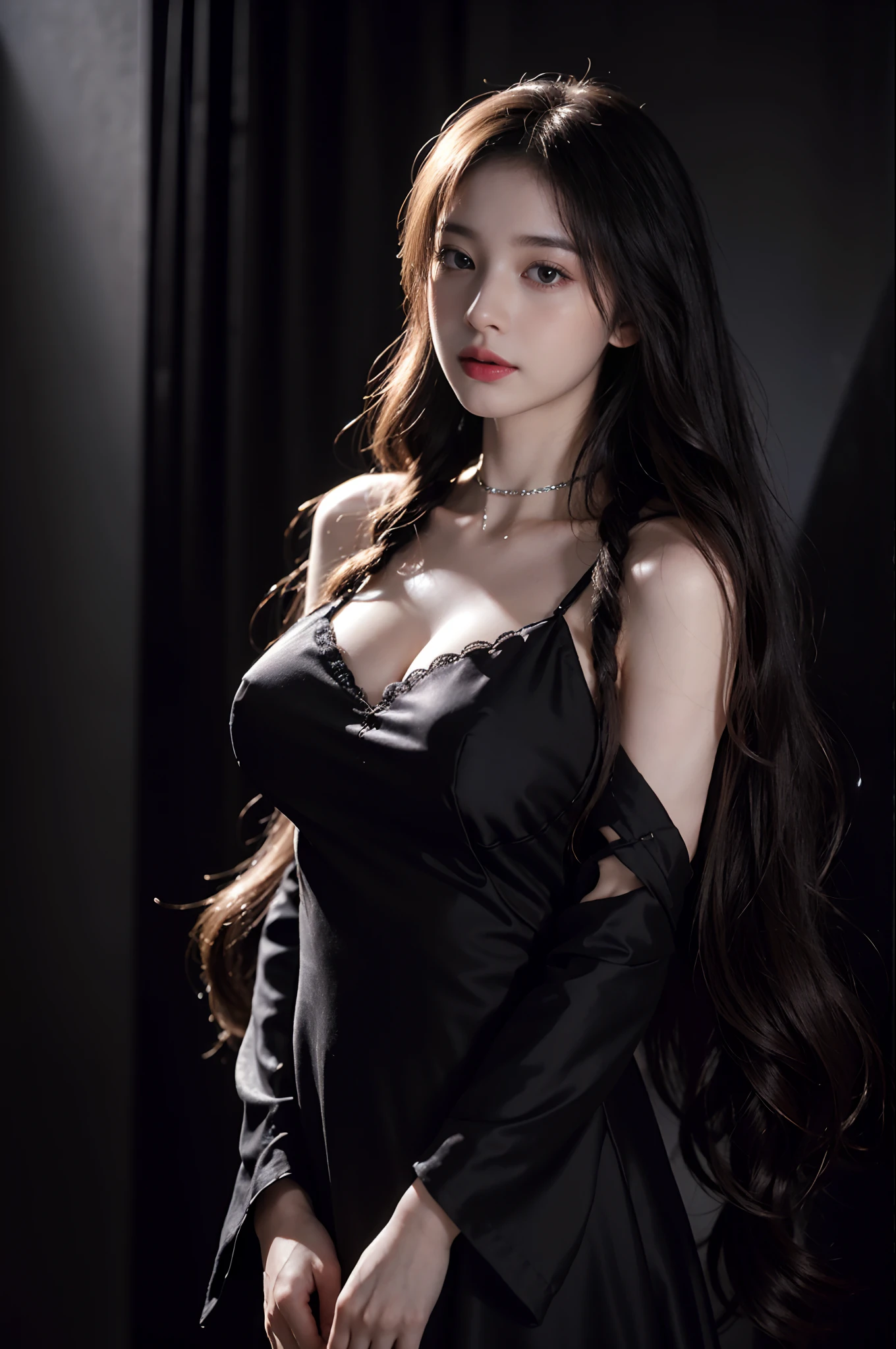 (RAW photo, Best quality), ((Nostalgia,1980s syle)),(A girl with a literary atmosphere:1.2),(Realistic, photo-realistic:1.3), (huge boob:1.3), (long wavy hair with braids), choker necklace,Very pale skin,hyperdetailed face, Detailed lips, in black lipstick, Fine eyes, Double eyelids, Skinny Gothic clothing, Extremely delicate and beautiful, Amazing, finedetail, Masterpiece, Ultra-detailed, A high resolution,Best Illustration, Best shadow,Intricate,Depth of field,(close-up portrait of a young beautiful woman:1.2),Long hair,Messy hair,((((low tune,Dark scene,Dimly lit)))),(((Soft lighting:1.4))),(Pale skin:1.4),(Shy smile),(Movie Angle),Sharp focus, volume fog, 8K  UHD, Digital SLR, High quality,( filmgrain:1.4), Fujifilm XT3,(view the viewer), Pale skin, Full body shot