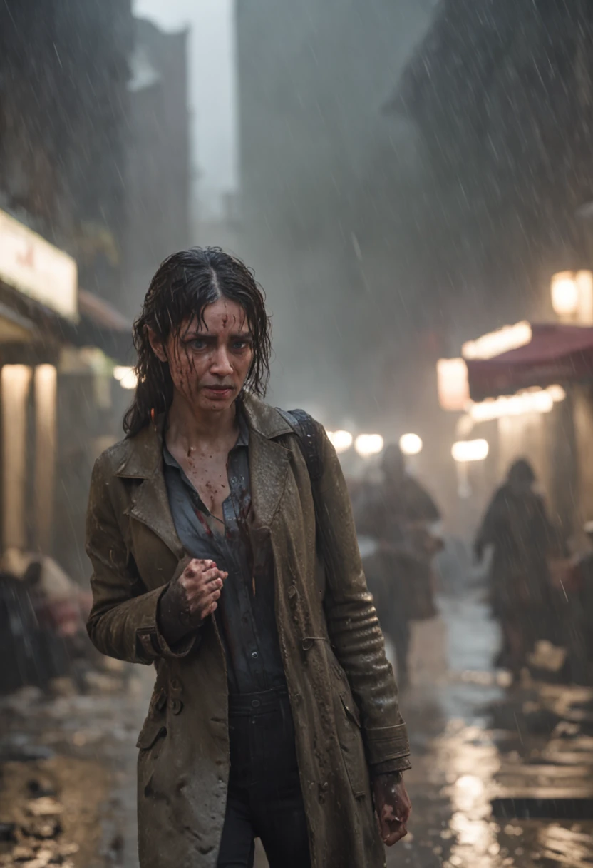 Cinematic image effects,rainy days,very heavy rain,soaking wet hair,Zombie mutations,frotting,Broken bodies,blood vess,,Murderous,Full body like,combats,The city was destroyed,Dispersed crowds for their lives,blasts,fire glow,废墟,of a real,Facial features are carefully depicted,Realistic skin texture,Dark style,depth of fields,high light,Real light,Ray traching,oc rendered,Hyper-realistic,best qualtiy,8K,Works of masters,super-fine,Detailed pubic hair,Correct anatomy,sharp focus on eyes,Bokeh,Facial features are carefully depicted