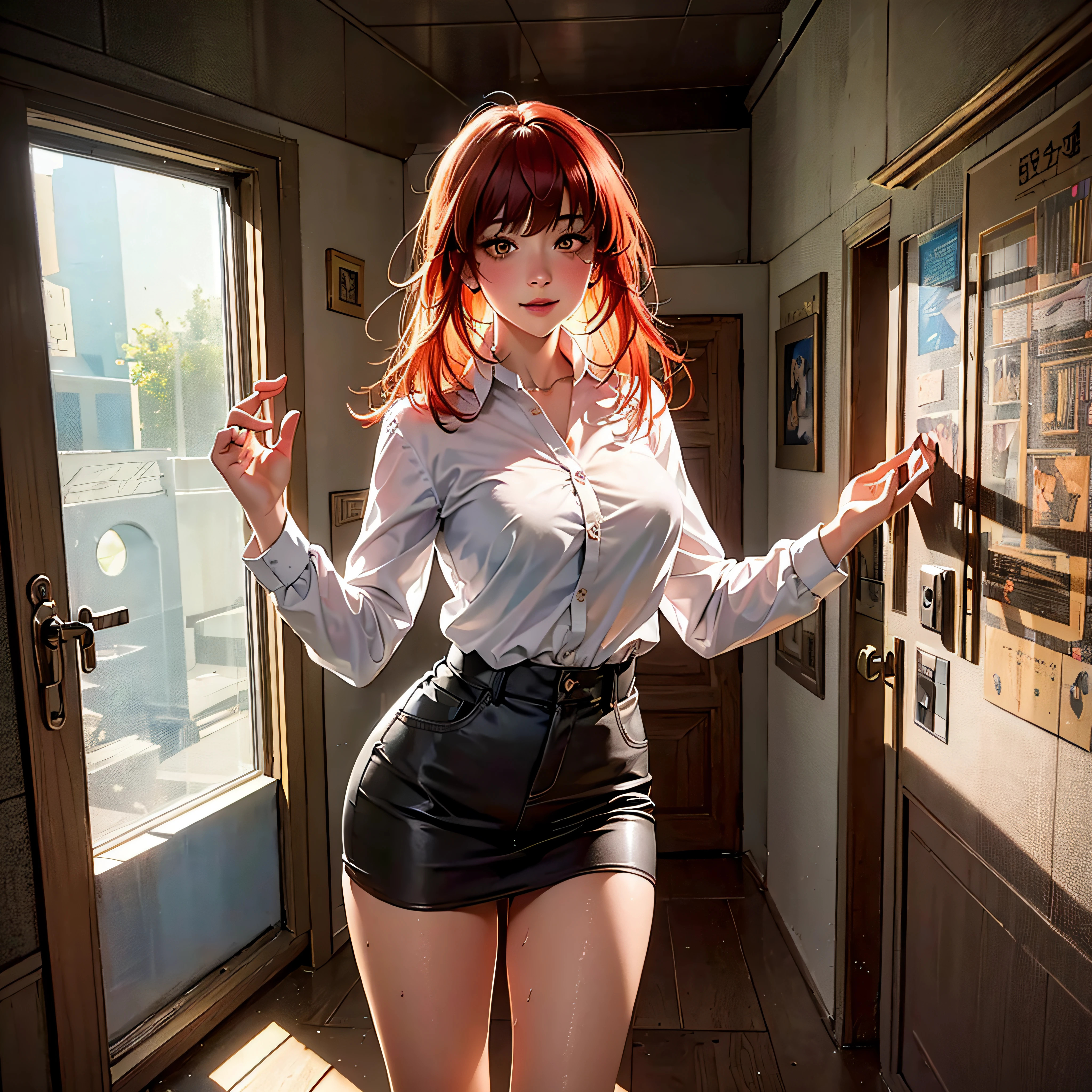 masterpiece, best quality, ultra-detailed, illustration, epic lighting, cinematic composition, isometric, full body view, feet in view, 1girl, solo, cute, golden eyes, red hair, swept bangs, single sidelock, red hairclip, white shirt, no shoes, wet, enchanting gaze, captivating pose, indoors, office, door, opening door, looking at viewer, peeking out upper body, blush, seductive smile, closed mouth,(8k:1.1), sexy, fucked.
