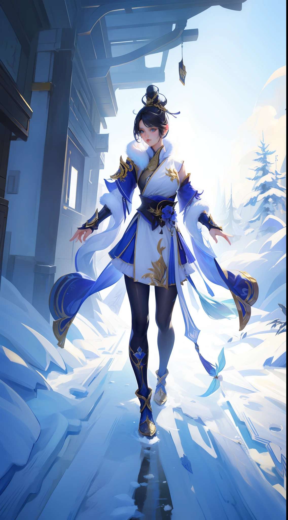 Game character, East Asian original art character design, 1girll, Solo, [:(Gradient background:1.5):40],Black tights from the neck to the feet, the whole body has a gold fine pattern, rich details, metal reflective,winter