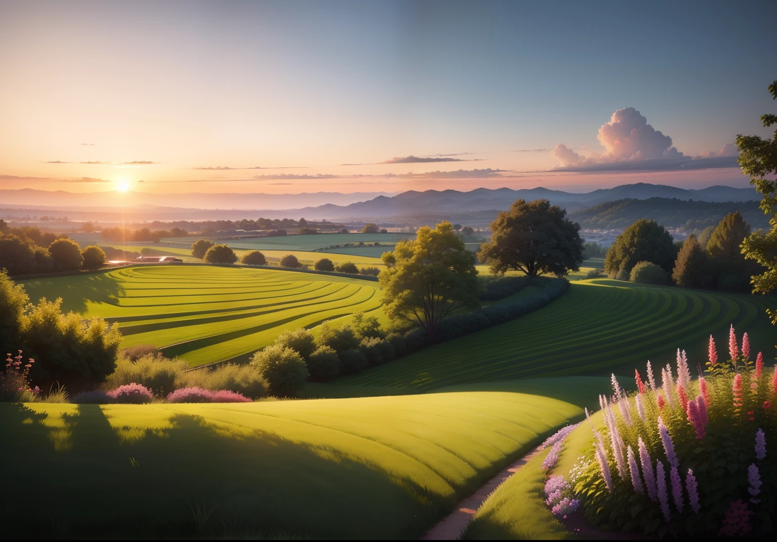 Beautiful sunset landscape photo、detaileds、A hyper-realistic、Spreading lawn、zora々Shey Green、No people