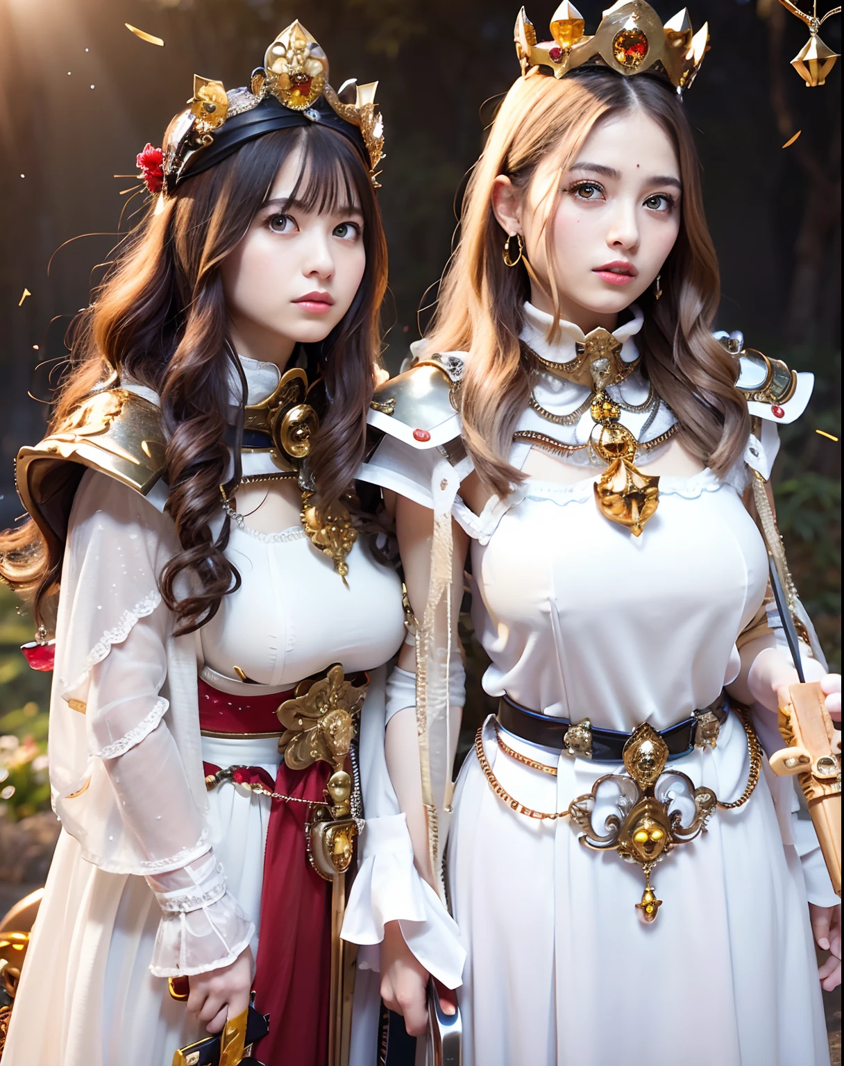 (masutepiece), Professional , ​masterpiece、top-quality、photos realistic , depth of fields ,（Wind element），close-up，dream magical，tornado，Lightning，（Gemstone Silver Jewel Body:1.９),(Matte White、Jewel Gold Weapon_（Metal:1.４),Gorgeous Jewel Metal Weapons , Detailed Sword of the Brave , Beautiful knife   ,warhammer 40k , adepta sororitas,Detail and ornate jewel crown、Brown hair、Gangle's forest background、Beautiful Caucasian beauty、１a person、dynamic ungle,(((Detailed and ornate diamond crown)))、Particles of light、cleavage of the breast、magic circles、