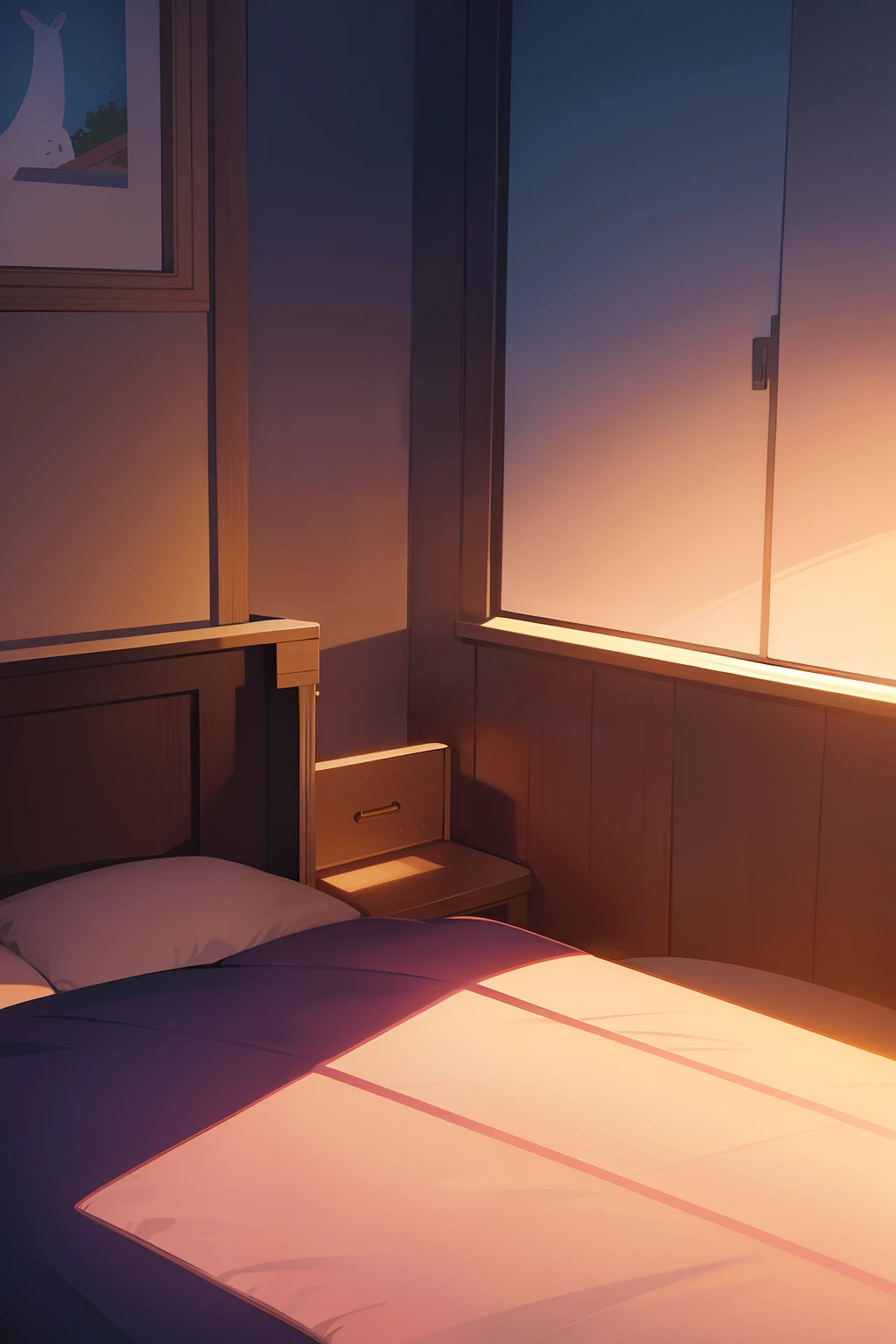 The room lit by the dusk setting sun was empty,Perfect quality,Happy cartoon,hd illustration,exciting illustration,flatillustration,a cartoon illustration,Children's book illustration,Detailed 2D illustration,Business Illustration,Children's book illustration,full-colour illustration,2D illustration