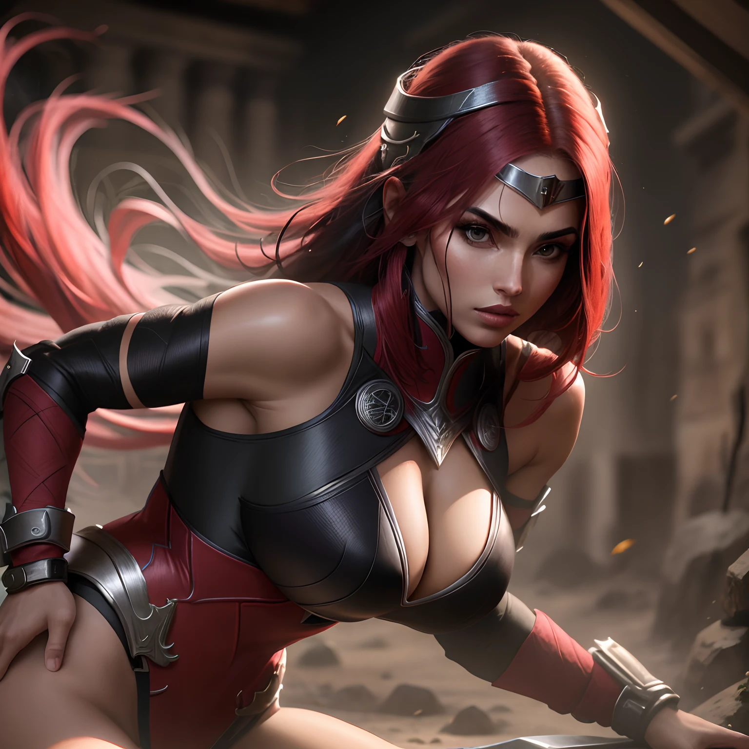 Guerreira, mulher ocidental, mulher bonita, mulher jovem, mulher branca, Branco_Woman, mulher de cabelo vermelho longo, cabelo solto, red_hair, cinza_olho, Black ninja clothes with silver accessories, peitos grandes, Estilo Mortal Kombat, Personagem de Mortal Kombat, realista, 1girl, jardim de fundo