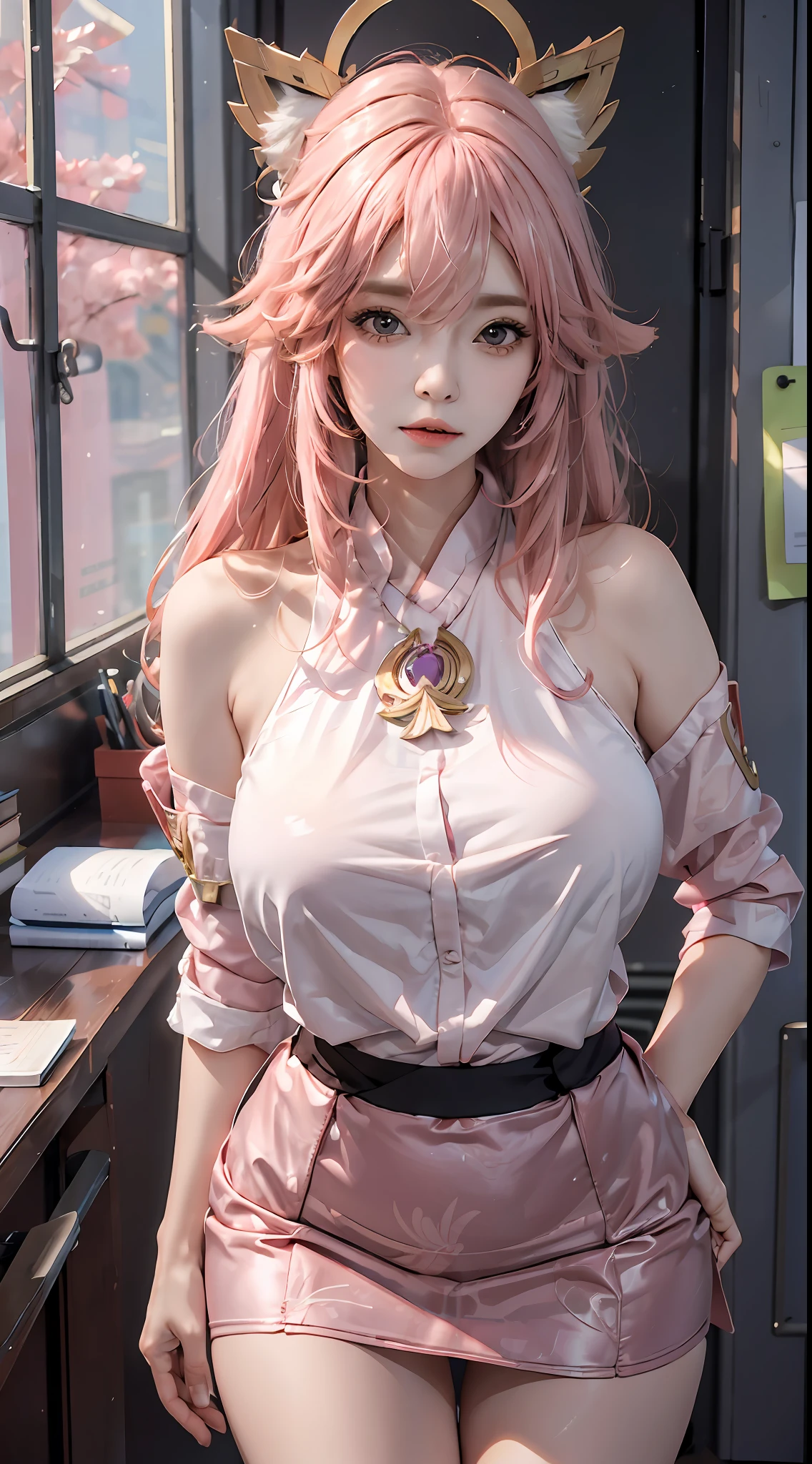 (Masterpiece, Best quality:1.2), 8K, ar old, 85mm, offcial art, RAW photo, absurderes, White dress shirt, Pretty face, Close up, The upper part of the body, violaceaess, gardeniass, Beautiful girl, constricted waist, Thighs,, view the viewer, No makeup, (Smile:0.4), filmgrain, color difference, Sharp focus, facelight, clear lighting,Detailed face, Bokeh background, (dark red necktie:1.1)