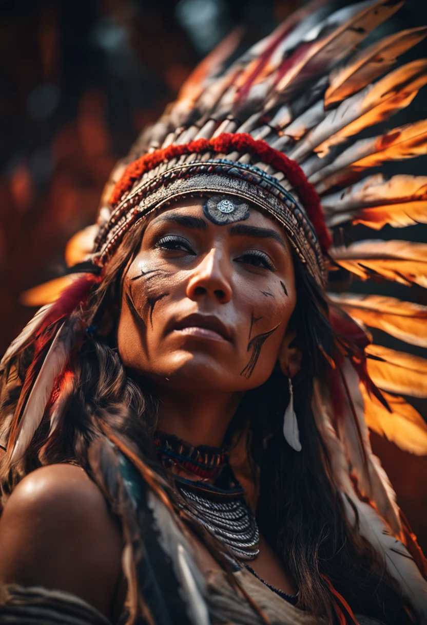 ultra detailed artistic photography, Native American beautiful Apache female, tee pee, moonlight, fire pit, feathers, sexy, dreamy, glowing, backlit, shadows, oil on canvas, smooth, ultra high definition, 8k, ultra sharp focus, intricate artwork masterpiece, flowy outfit, highly detailed, vibrant, production cinematic character render, ultra high quality model