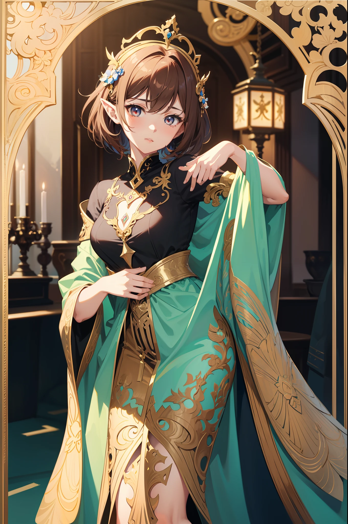 Official Art, Masterpiece European female face,elvish, short hair, chestnut brown hair , brown eyes , Flower Frame ,Decorative panel , jugendstil , (masterpiece、top-quality、hight resolution: 1.4),in 8K,color splashes、line-drawing、Fibonacci、Drawing of a woman with short chestnut brown hair and a crown, Anime Art Nouveau, Detailed Digital Anime Art, portrait knights of zodiac girl, highly detailed exquisite fanart, anime fantasy illustration, clean detailed anime art, detailed anime art, Sharp Focus, (Beautiful gorgeous cute woman:1.3), (Beautiful cute woman:1.3), Delicate Beautiful Hair and Eyes and Face, realisitic, ultra-detailliert, a beauty girl,A slender, Pretty breasts and buttocks、Dynamic hair、Detailed cestnut brown hair