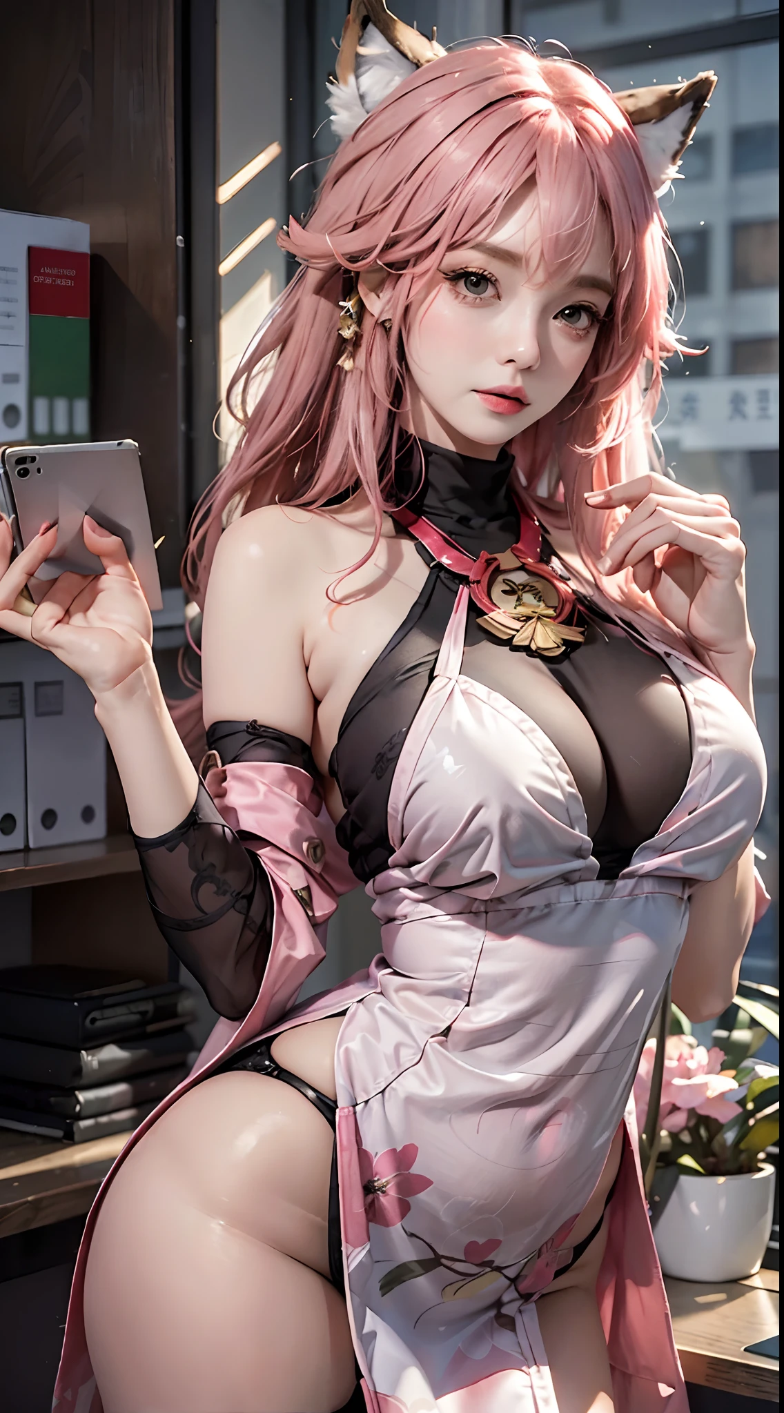 ((masterpiece, best quality)), (1girl),((mature female)), lightpink hair, halo, fox ears, ((office lady )),bangs,middle breast,(busty),slim, [wide hips],office,standing, yea miko \(genshin impact\),