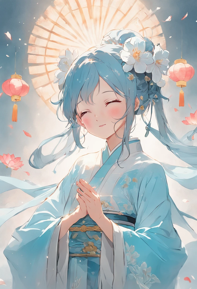 Ancient Chinese girl in light blue Hanfu smiling,Prayers are surrounded. Huge lotus flower, ,The median is transparent/Translucent pink lotus, soft, Glow,author:Yumei, Light, light blue and white, Simple white background, surrealist, , Super detail, Textured skin, 8K ,cheerfulness,Bright, Sunny, Warm and sunny,Veiled face,Many petals are falling, North and South Dynasties,Hanfu, Very simple wind, Line,Chibi anime style,Hand detail