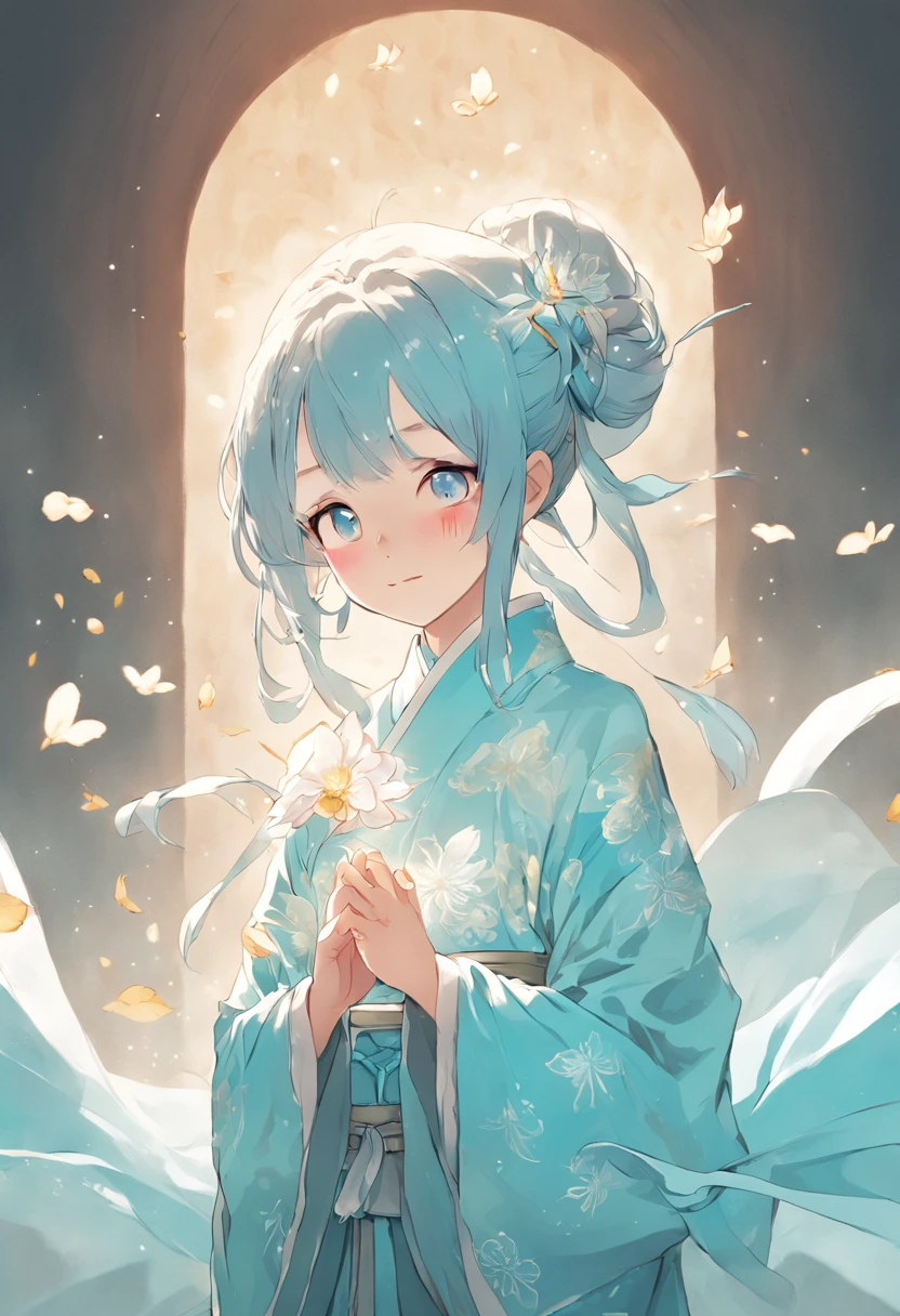 Ancient Chinese girl in light blue Hanfu smiling,Prayers are surrounded. Huge lotus flower, ,The median is transparent/Translucent pink lotus, soft, Glow,author:Yumei, Light, light blue and white, Simple white background, surrealist, , Super detail, Textured skin, 8K ,cheerfulness,Bright, Sunny, Warm and sunny,Veiled face,Many petals are falling, North and South Dynasties,Hanfu, Very simple wind, Line,Chibi anime style,Hand detail