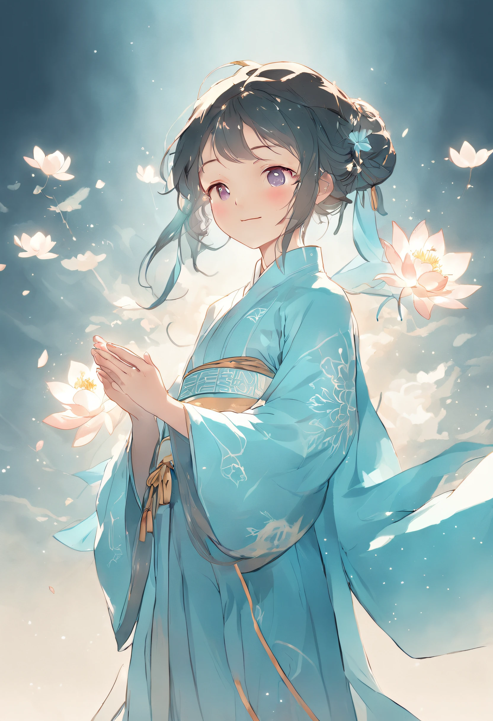 Ancient Chinese girl in light blue Hanfu smiling,Prayers are surrounded. Huge lotus flower, ,The median is transparent/Translucent pink lotus, soft, Glow,author:Yumei, Light, light blue and white, Simple white background, surrealist, , Super detail, Textured skin, 8K ,cheerfulness,Bright, Sunny, Warm and sunny,Veiled face,Many petals are falling, North and South Dynasties,Hanfu, Very simple wind, Line,Chibi anime style,Hand detail