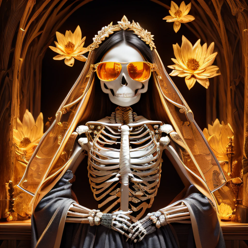 Skeleton pumpkin wind，Wear thick gold-framed reflective sunglasses，32K（tmasterpiece，k hd，hyper HD，32K）Light chrysanthemum flowing hair，Silver skull jewelry area in the cave，Indigo Skull King ，The lotus is huge （The skeleton is realistic：1.4），Skull pattern robe，Silver skull light blue ornament，Petals flutter，The background of autumn is pure，Hold your head high，Be proud，The nostrils look at people， A high resolution， the detail， RAW photogr， Sharp Re， Nikon D850 Film Stock Photo by Jefferies Lee 4 Kodak Portra 400 Camera F1.6 shots, Rich colors, ultra-realistic vivid textures, Dramatic lighting, Unreal Engine Art Station Trend, cinestir 800，Hold your head high，Be proud，The nostrils look at people，Tsundere，Petals flutter，Petals flutter，Sprinkle with gold dust，Fluttering，Impeccable，( reasonable design, Clear lines, High sharpness,Best quality, Very detailed skeleton, The skeleton of a masterpiece, offcial art, movie light effect, 16K skeleton（（（Wear thick gold-framed reflective sunglasses）））