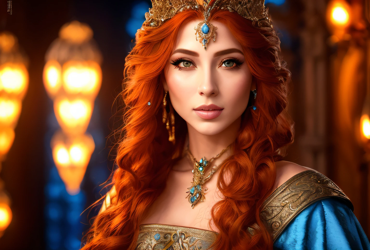 mulher arrogante com cabelos ruivos usando um tiable e um vestido azul, Rainha elfa bonita e elegante, linda donzela fantasia, beautiful elven princess, uma bela imperatriz fantasia, Donzela com cabelo de cobre, retrato bonito da fantasia, retrato bonito da arte da fantasia, Retrato de uma rainha elfa, mulher ruiva bonita, Deusa dos cabelos ruivos, donzela bonita, princesa feminina bonita