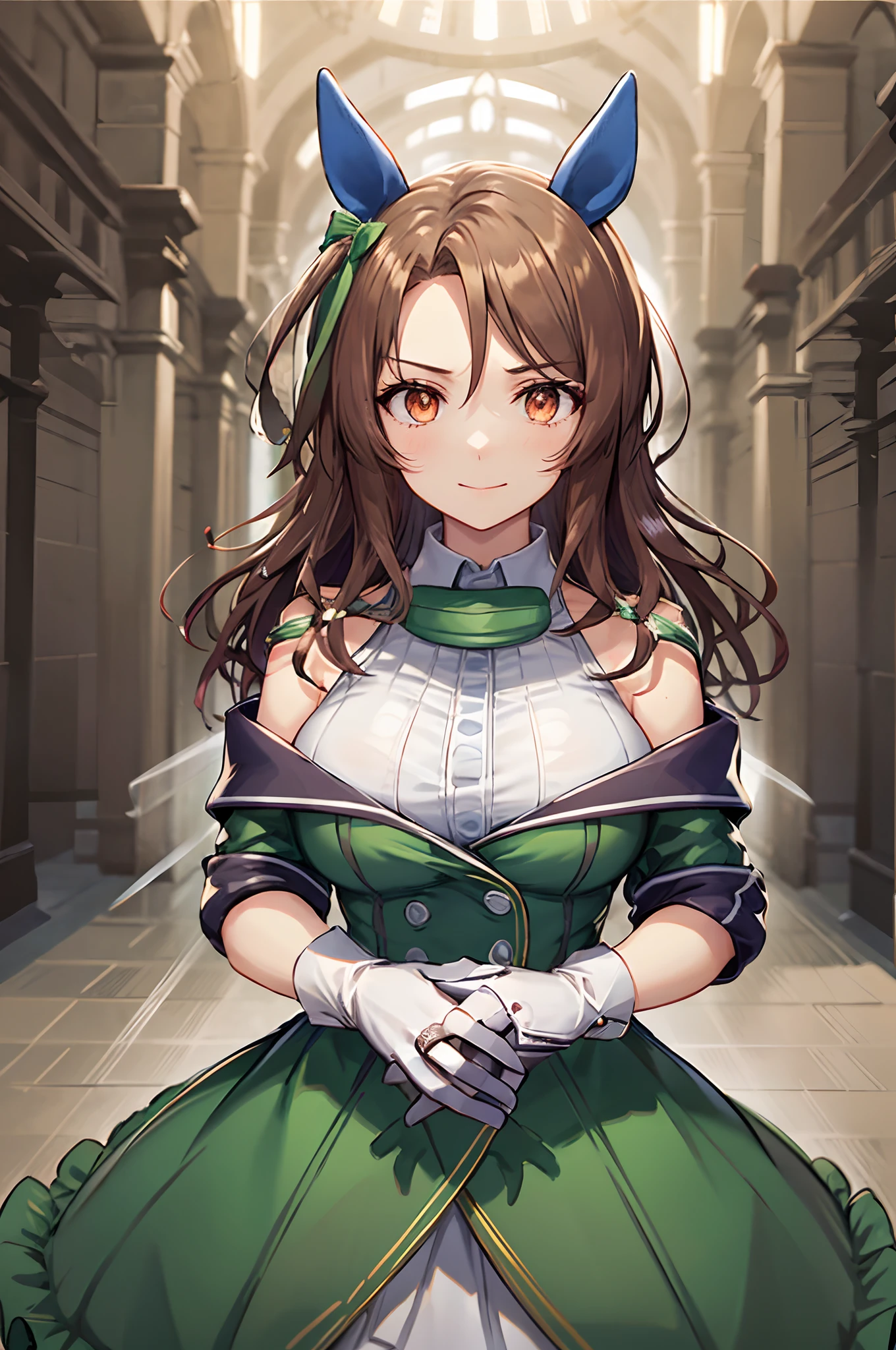 1girl, solo, big breasts, curvy breasts, voluminous breasts, firm breasts, five fingers, detailed hands, (green dress), Wedding, getting married, wedding dress, bouquet of flowers, snow-white dress, white gloves, one character, happy face, face focus, upper body, in church, BREAK Horse ears,  brown hair, orange eyes, king halo\(umamusume\), Hair ribbon,