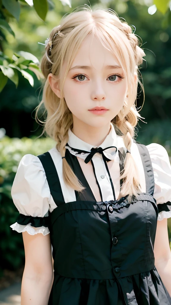 (ultra-detailliert), White cute princess dress,(frilly dress),(shortsleeves),Blue eyes,The upper part of the body、a closeup、faces、Lovely smile,facing front, 20yr old, s girl,no tail,(no tail),2D, masterpiece, top-quality, animesque, A detailed eye, A detailed face, girl with, Only 1 person,Blonde medium hair, (a blond), Ear Hair, small tits, Single braid, (Single braid), (Side braid), Pink ribbon, Ribbon around the neck, (White sleeves), Background bokeh