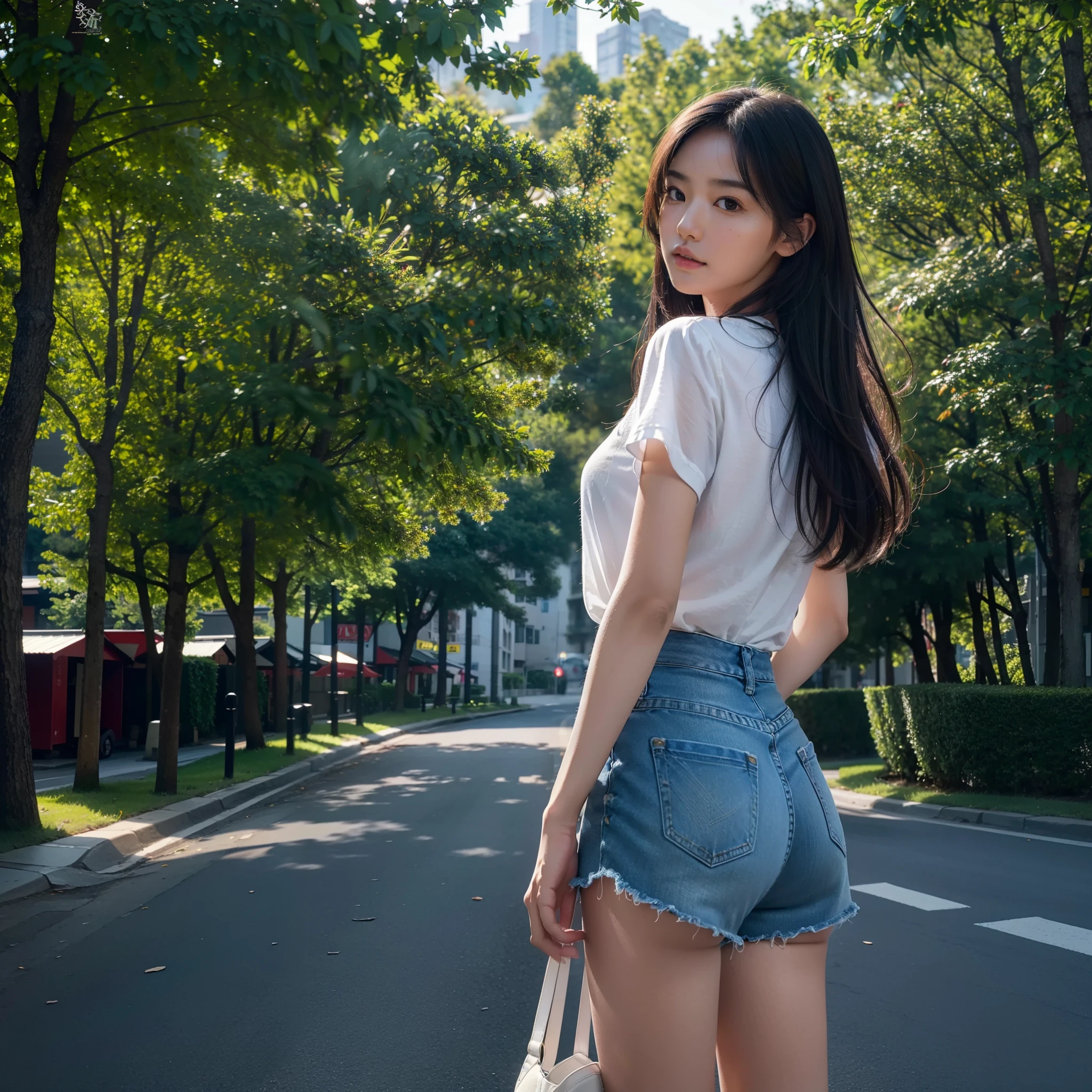 (masterpiece), (best quality), (ultra-detailed), (Best quality), (best finger)(Ultra-detailed),  pretty asian girl in high waisted panties standing on the street denim, looking at viewer, shorts, long hair, denim shorts, ass, shirt, solo focus, outdoors, mole under eye, bag, jewelry, road, 1 girl, looking back，(Photorealistic)), ((Fantastic background)), Ultra-realistic, Ultra-detailed, Ultra HD plus 16K resolution ((masterpiece)), ((highest quality 16k)), ((detailed and delicate)), ((photorealistic)), ((fantastic background)), Ultra-realistic, ultra-detailed, winning award
