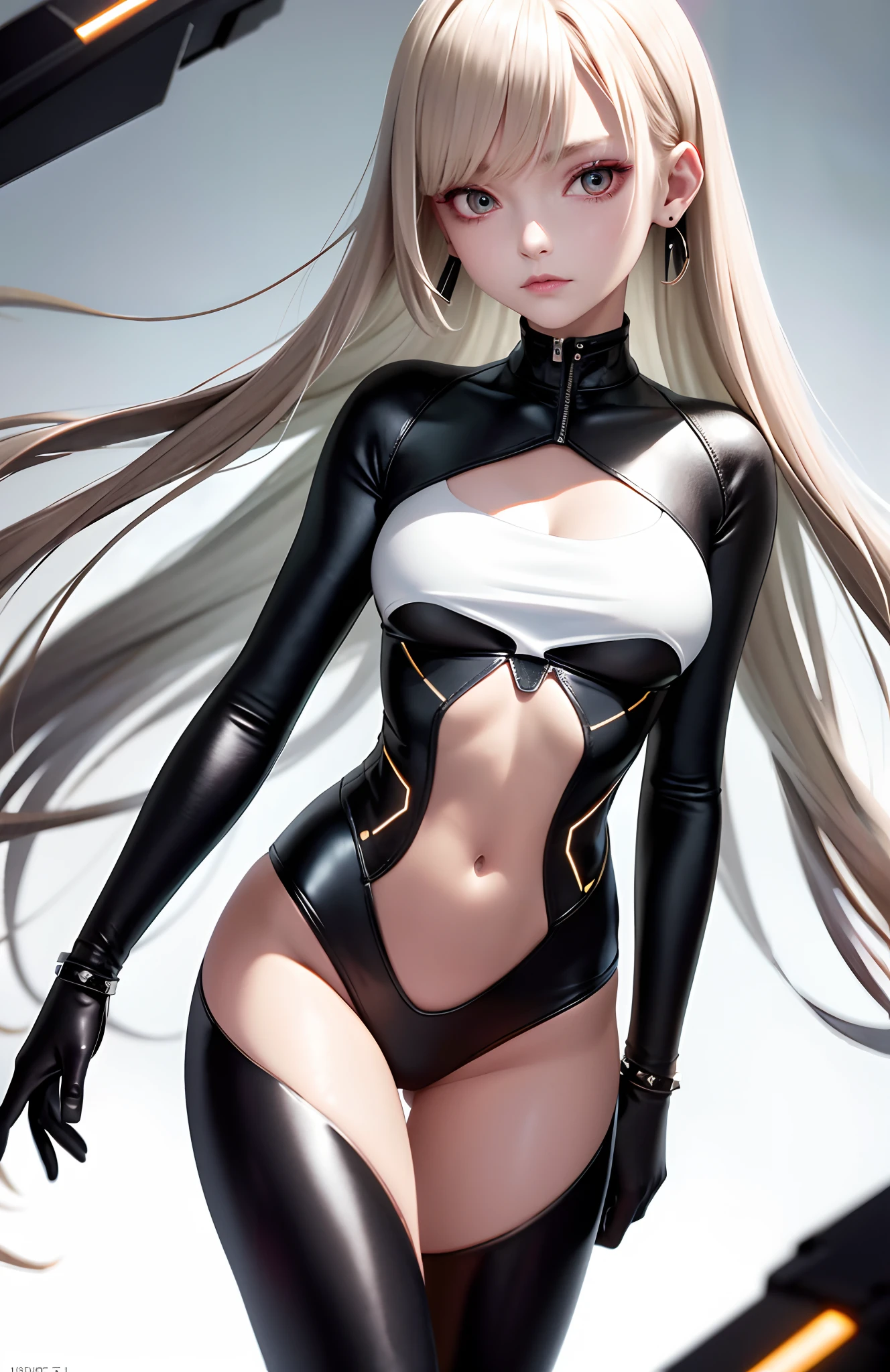 optimum，tmasterpiece，A high resolution，best qualtiy，hyper HD，super detailing，Award-Awarded，16k，独奏，（The upper part of the body），anatomy correct，Beautiful cyberpunk girl，cute  face，，Gradient Beige Hair，Hairline，（（Scarlet eyes）），long eyelasher，Hanging eye corners，White skin of the，（small boobs），（Slim body），（（Women's extra short shawl leather jacket）），（（racing_suit）），（（High-Low_long  skirt）），ear studs，（neck rings），（Laser material clothing：1.2）