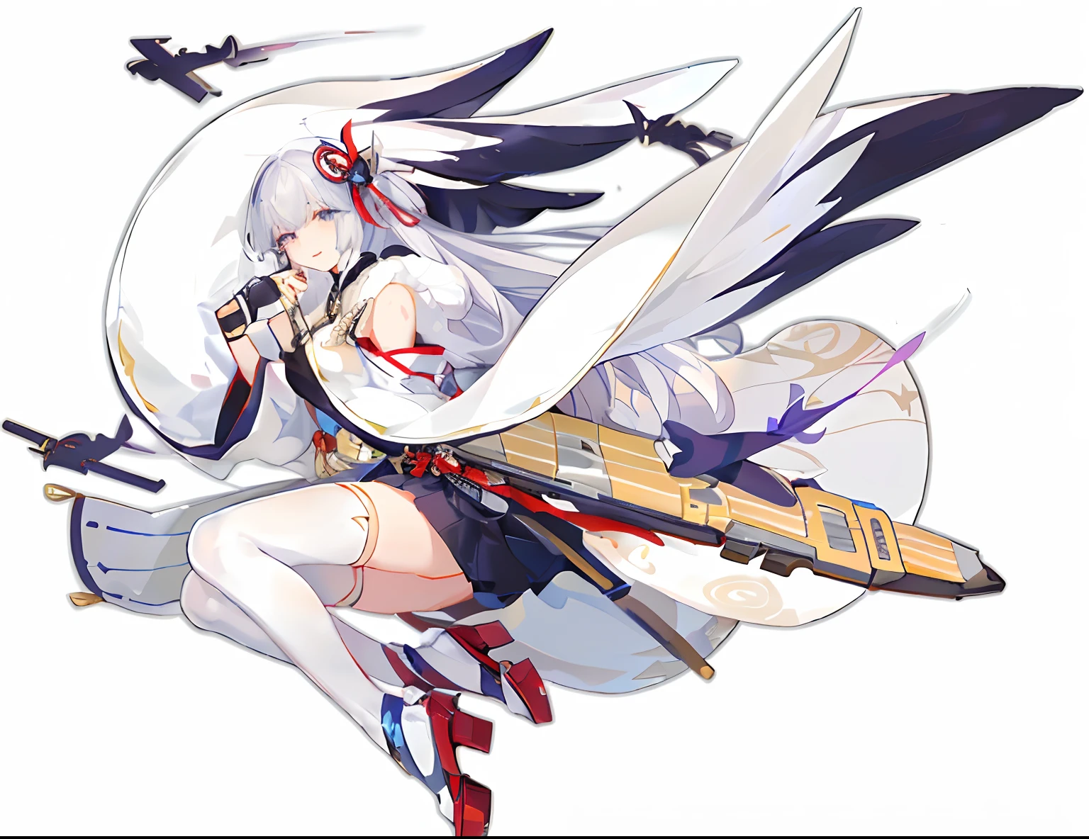 Anime girl with long white hair with sword and bird flying, azur lane style, A scene from the《azur lane》videogame, onmyoji, Onmyoji detailed art, 《azur lane》role, from girls frontline, onmyoji portrait, white-haired god, Ayaka Genshin impact, Kantai collection style, Official artwork, girls frontline style