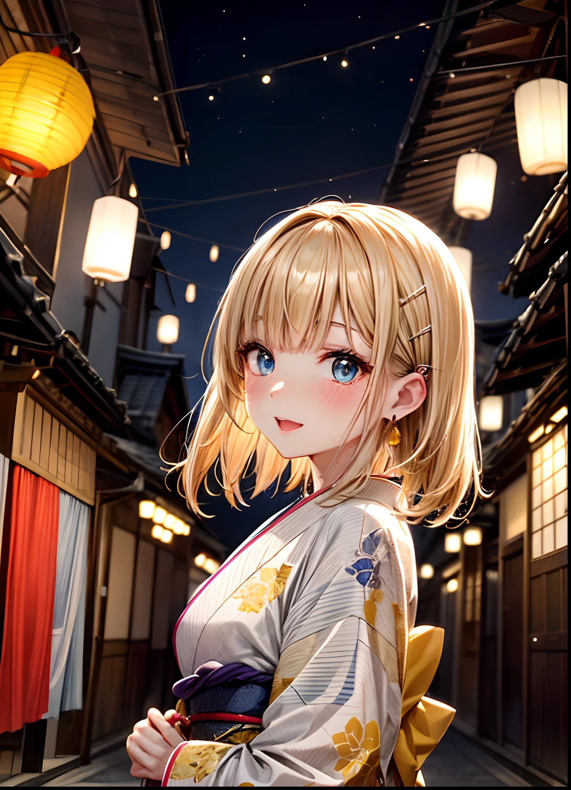 absurderes, (独奏:1.5,)ultra-detailliert,bright colour, extremely beautiful detailed anime face and eyes, view straight on, ;D, shiny_skin,25 years old, Shy face、Short hair, , asymmetrical bangs, Blonde hair with short twin tails, Shiny hair, Delicate beautiful face, red blush、(Blue eyes), White skin, hair clips, earrings, a necklace, 、Black and yellow kimono、(Kyoto at night)、(Lots of lanterns)