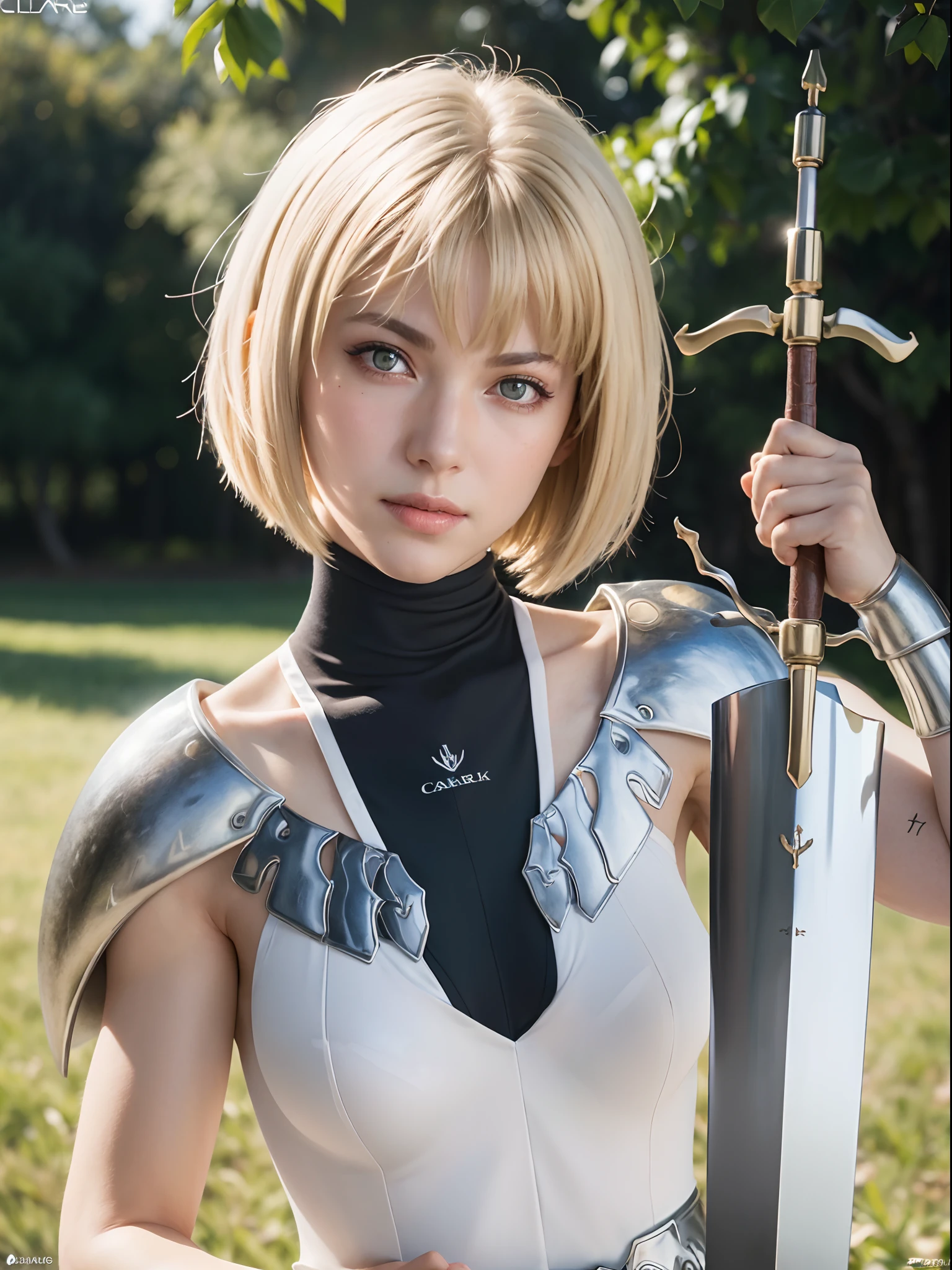 (masterpiece, best quality:1.4), (holding a big sword with two hands:1.4), (full body:1.4), (sword attack pose:1.4), on a green field, clare, grey eyes, armor, bodysuit, blonde hair , sexy smile, 1girl, beautiful face, (highly detailed face), highly detailed eyes, highly detailed skin, skin pores, subsurface scattering, realistic pupils, medium breast, full face blush, full lips, detailed background, depth of field, volumetric lighting, sharp focus, absurdres, realistic proportions, good anatomy, (realistic, hyperrealistic:1.4), 16k hdr,