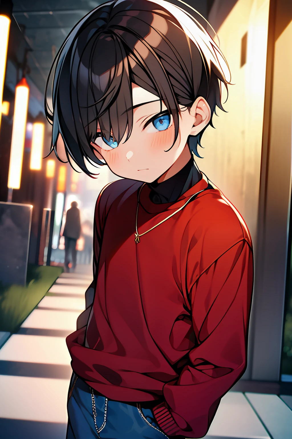 younge boy,1male people,Shota,red color eyes,Depicts delicate eyes,Exquisite facial features,Jeans,extreme hight detail,Delicate depiction,parks,the night,Depth of field effect,The upper part of the body。
