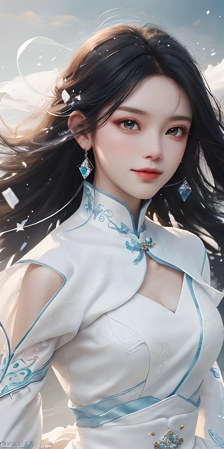 (Masterpiece, top quality, best, official art, beautiful and aesthetic, long exposure: 1.2), smooth movement, captivating pattern, 1 girl, (long skirt with sleeves: 1.3), (((white clothes))), upper body close-up, no shoulders, chinese girl, blush, black lob hair, portrait, solo, upper body, long white hair, slender legs, smile, close-up of face, ultra-wide angle, gaze observer, detailed background, detailed face, (crystallineAI, crystalline theme: 1.1), elemental wind sprite, spinning wind, control wind, white crystal clothes, dynamic pose, floating particles, ethereal power, whirlwind, steam, whirlwind in background, white tone, whirlwind, ethereal atmosphere,