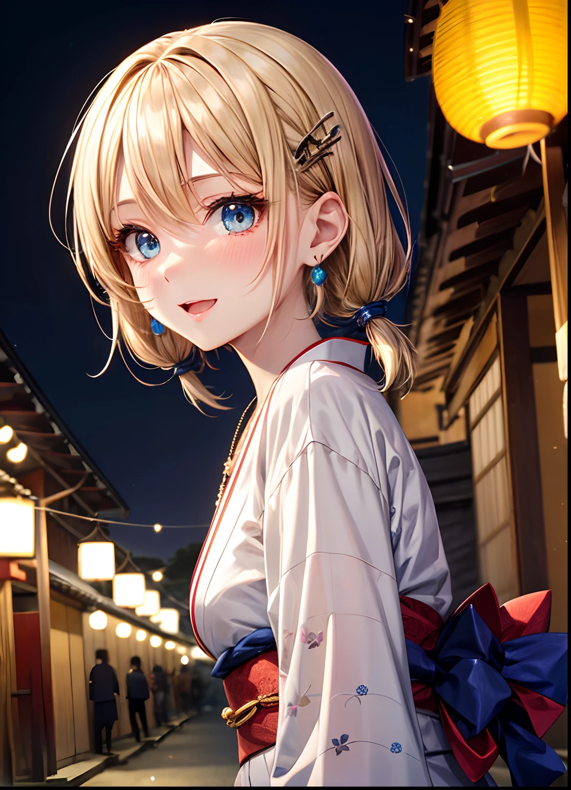 absurderes, (独奏:1.5,)ultra-detailliert,bright colour, extremely beautiful detailed anime face and eyes, view straight on, ;D, shiny_skin,25 years old, Shy face、Short hair, , asymmetrical bangs, Blonde hair with short twin tails, Shiny hair, Delicate beautiful face, red blush、(Blue eyes), White skin, hair clips, earrings, a necklace, 、Black and yellow kimono、(Kyoto at night)、(Lots of lanterns)