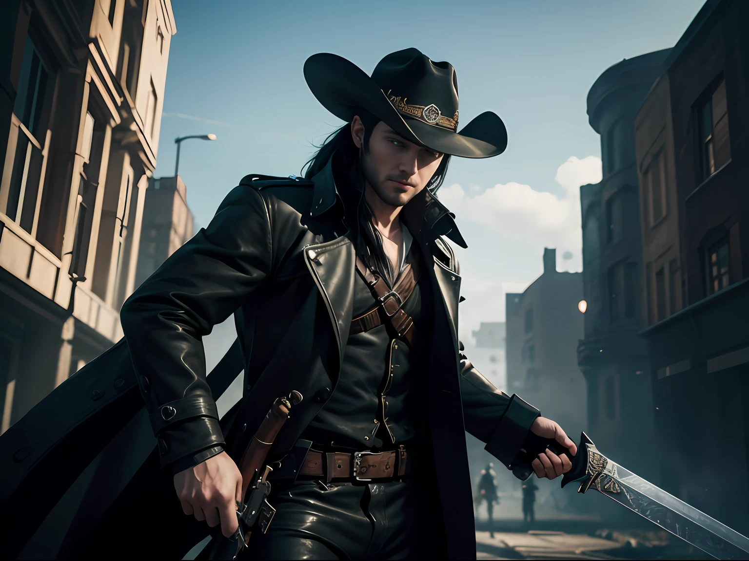 a handsome 30 years old British male monster hunter, with long black hair, pale skin, wearing a cowboy hat, black trench coat and black pants, holding handgun and sword, splash art style, battle ready pose, dynamic angle shot, photo realism, ambient lighting, intricate hand details, highly detailed, vibrant colors, cinematic, neoprene, featured on Unsplash, stylized digital art, 8k, trending on Artstation