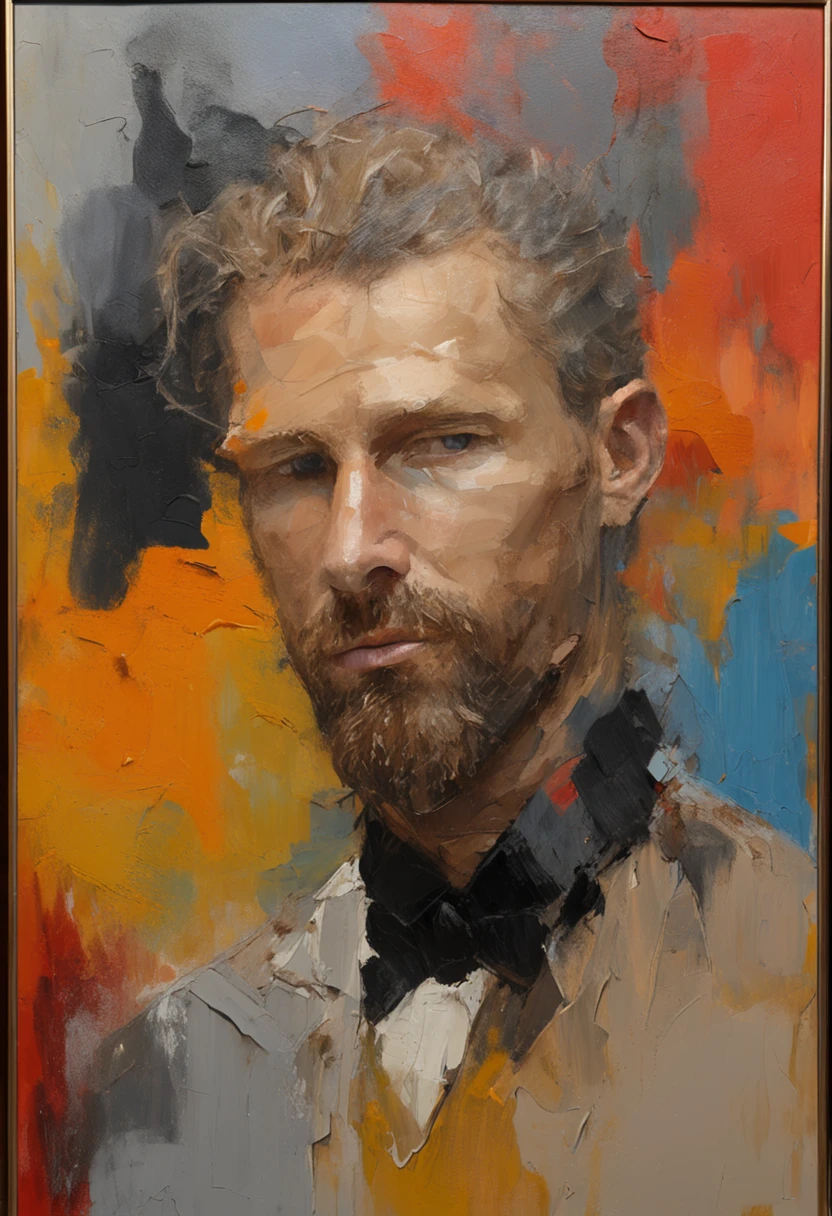 Pale skin and a gaunt face. Romanian ethnicity with messy blond hair and short beard. Wearing a black suit and black shirt, with intense almond eyes smouldering. A sense of power and authority. A rugged appearance. Young man. tiered eyes